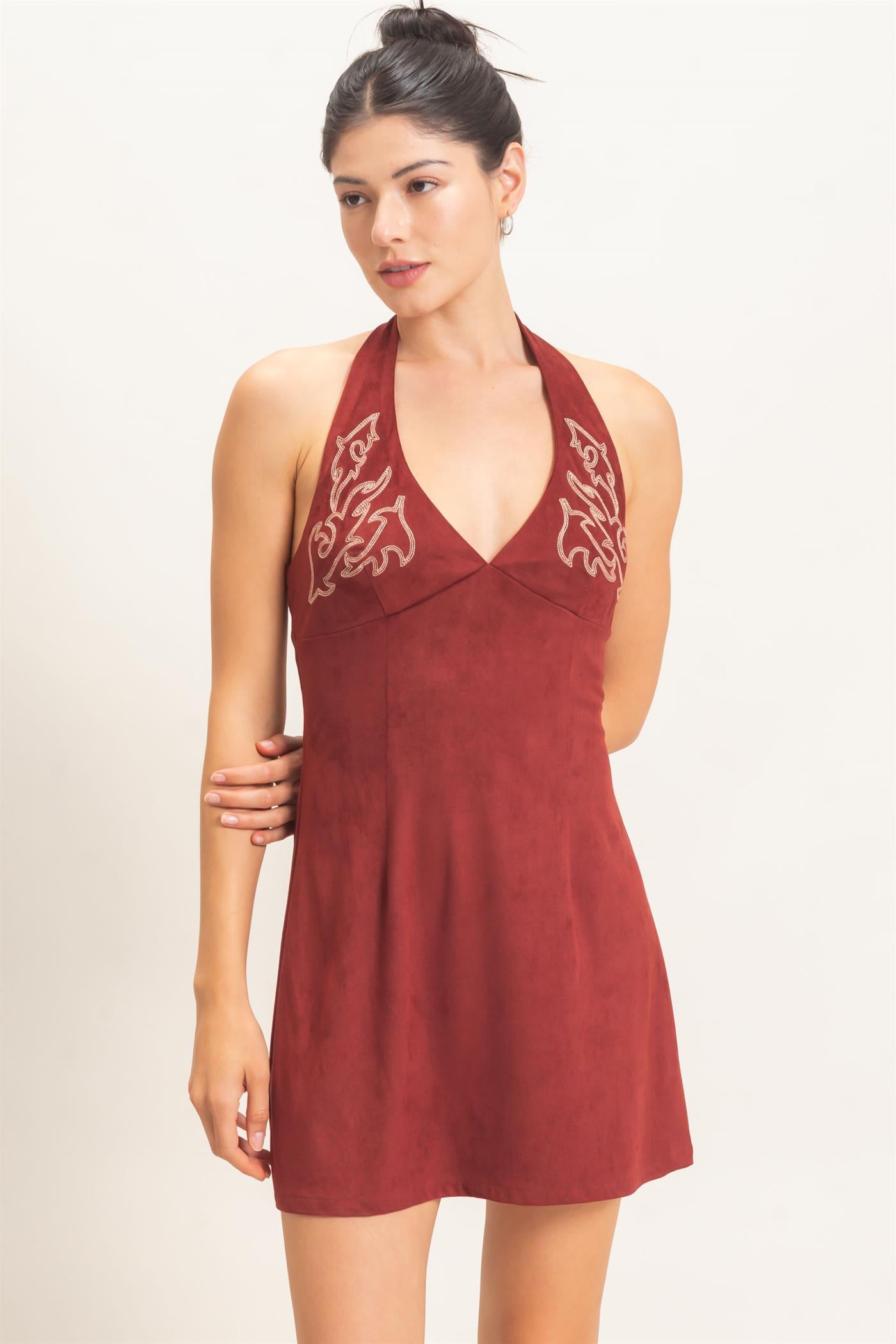 Wholesale Suede V-Neck Halter Dress Dresses HF26E500 BURGUNDY HYFVE