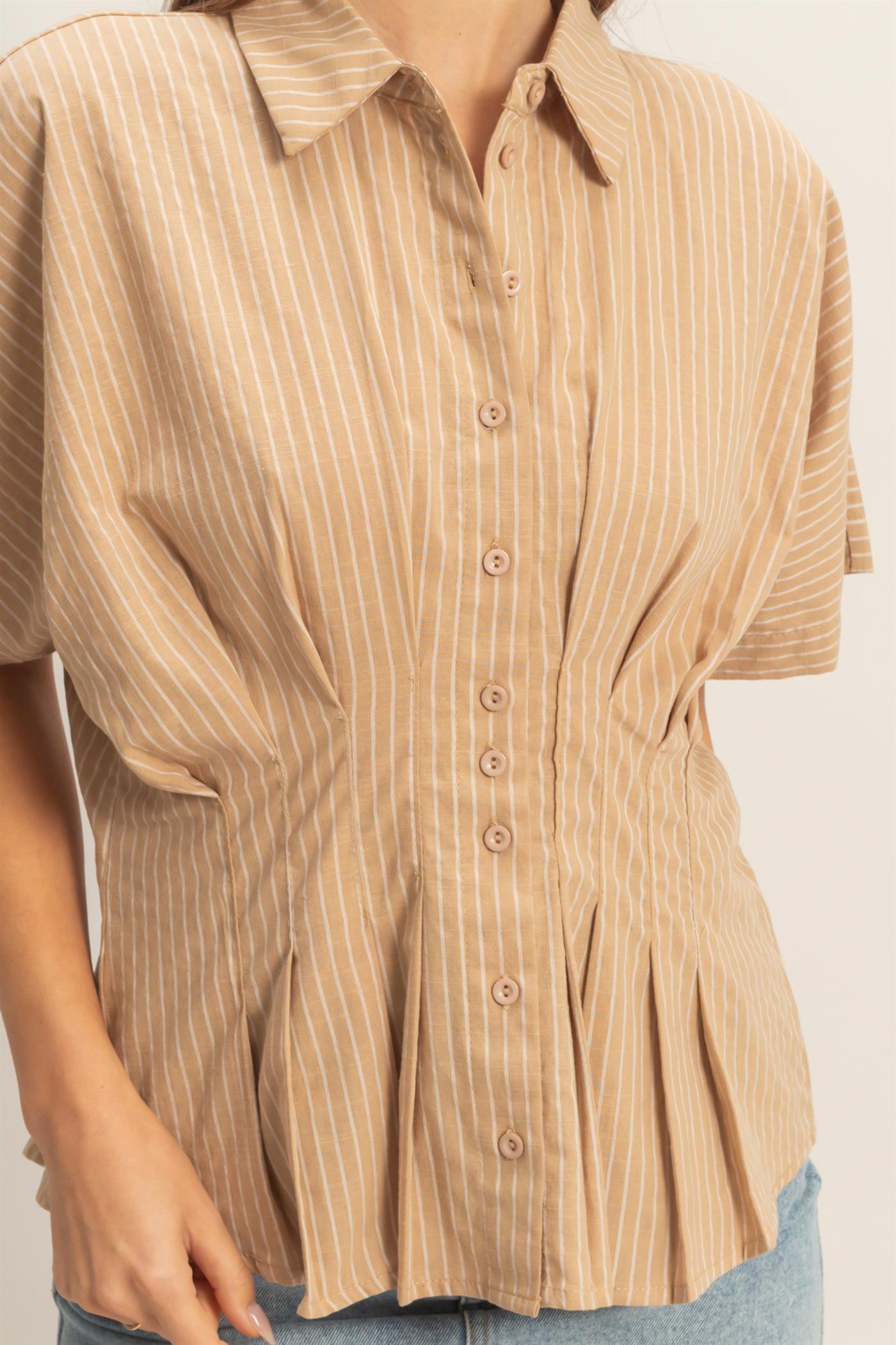 Wholesale Pleated Button-Up Shirt Shirts HF26A092 BEIGE DOUBLE ZERO
