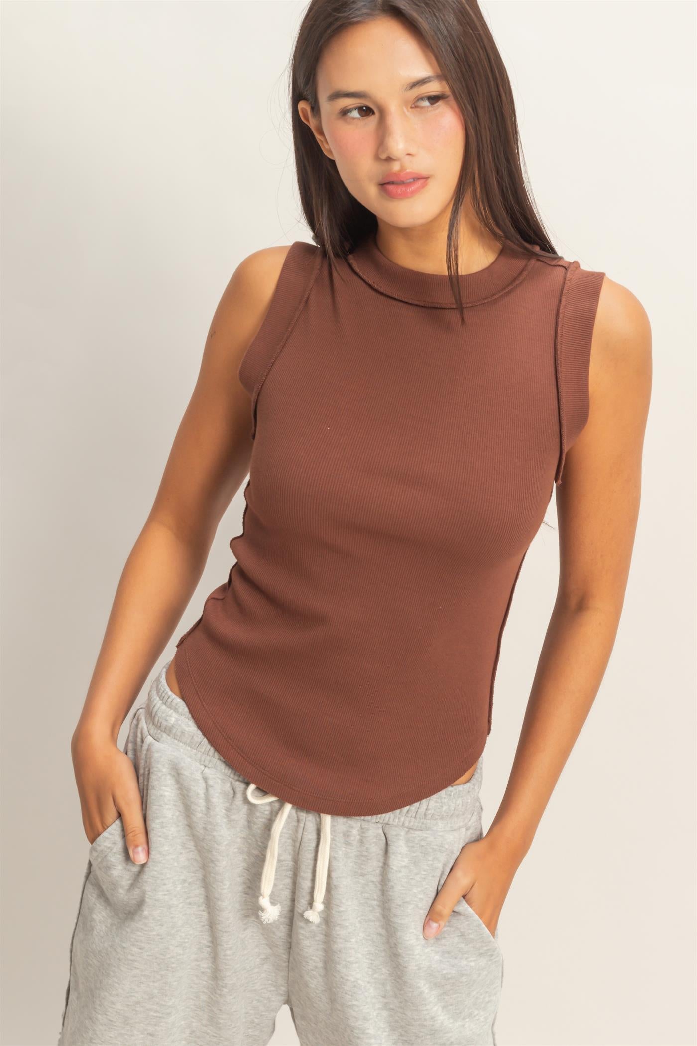 Wholesale Seam Detail Tank Top Tank Tops DZ26A369 CHOCOLATE DOUBLE ZERO