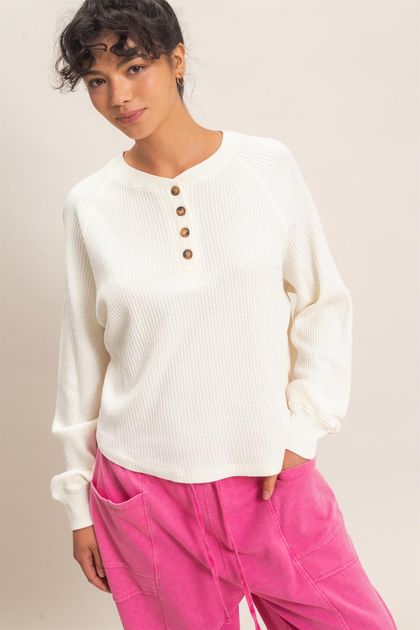 Wholesale Mineral Wash Waffle Knit Henley Top Sweatshirts DZ26E947 CREAM DOUBLE ZERO