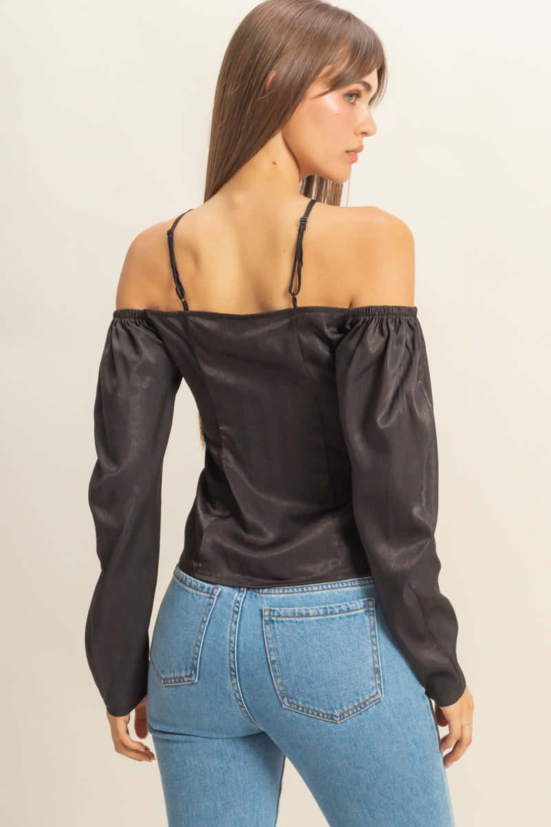 Wholesale Tie-Front Off-Shoulder Blouse Clothing Tops FS22E859 BLACK HYFVE