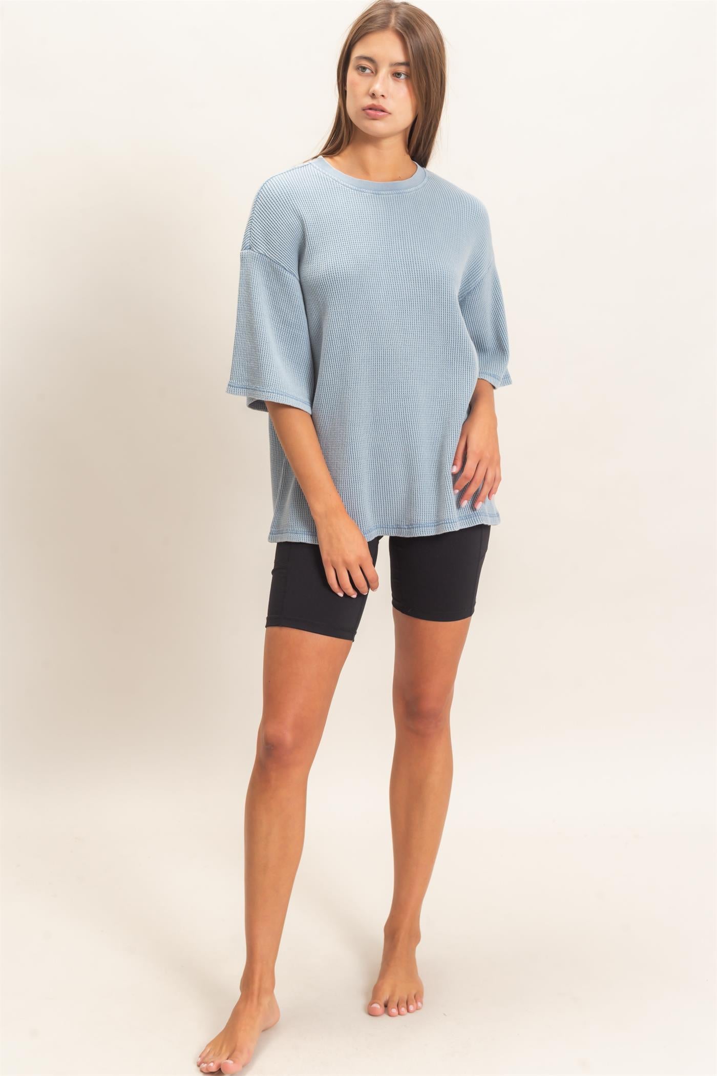 Wholesale Mineral Wash Waffle Crew Neck Short Sleeve Top Clothing Tops DZ26E328 DUSTY BLUE DOUBLE ZERO