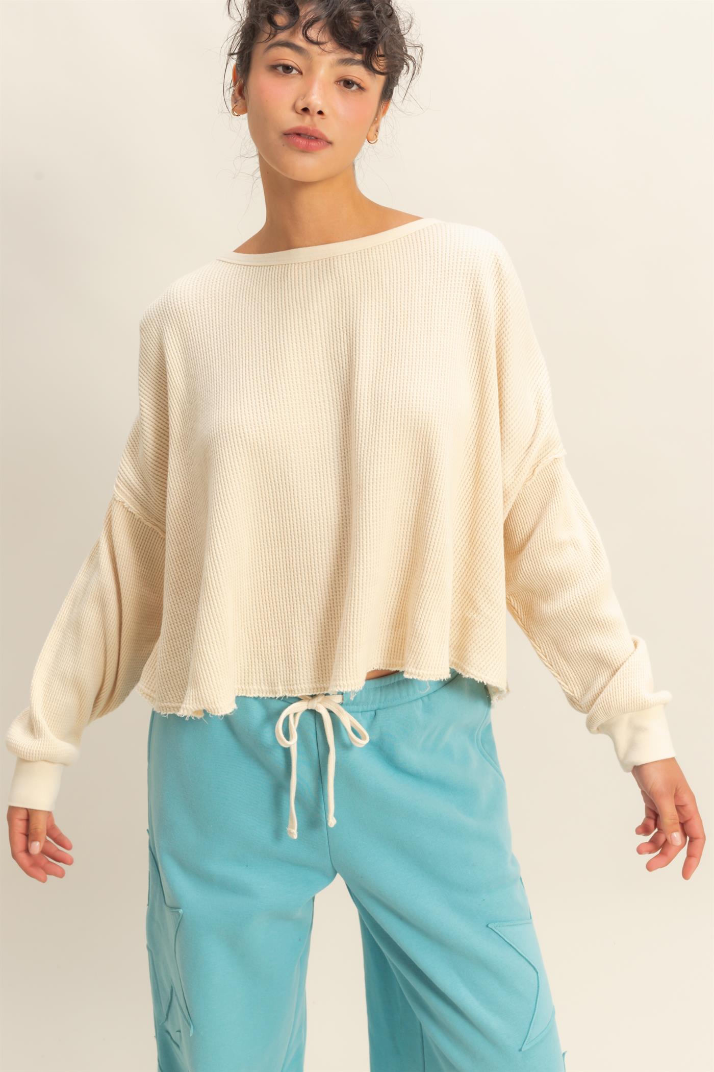 Wholesale Mineral Wash Waffle Oversized Top Clothing Tops DZ26E248 ALPACA DOUBLE ZERO