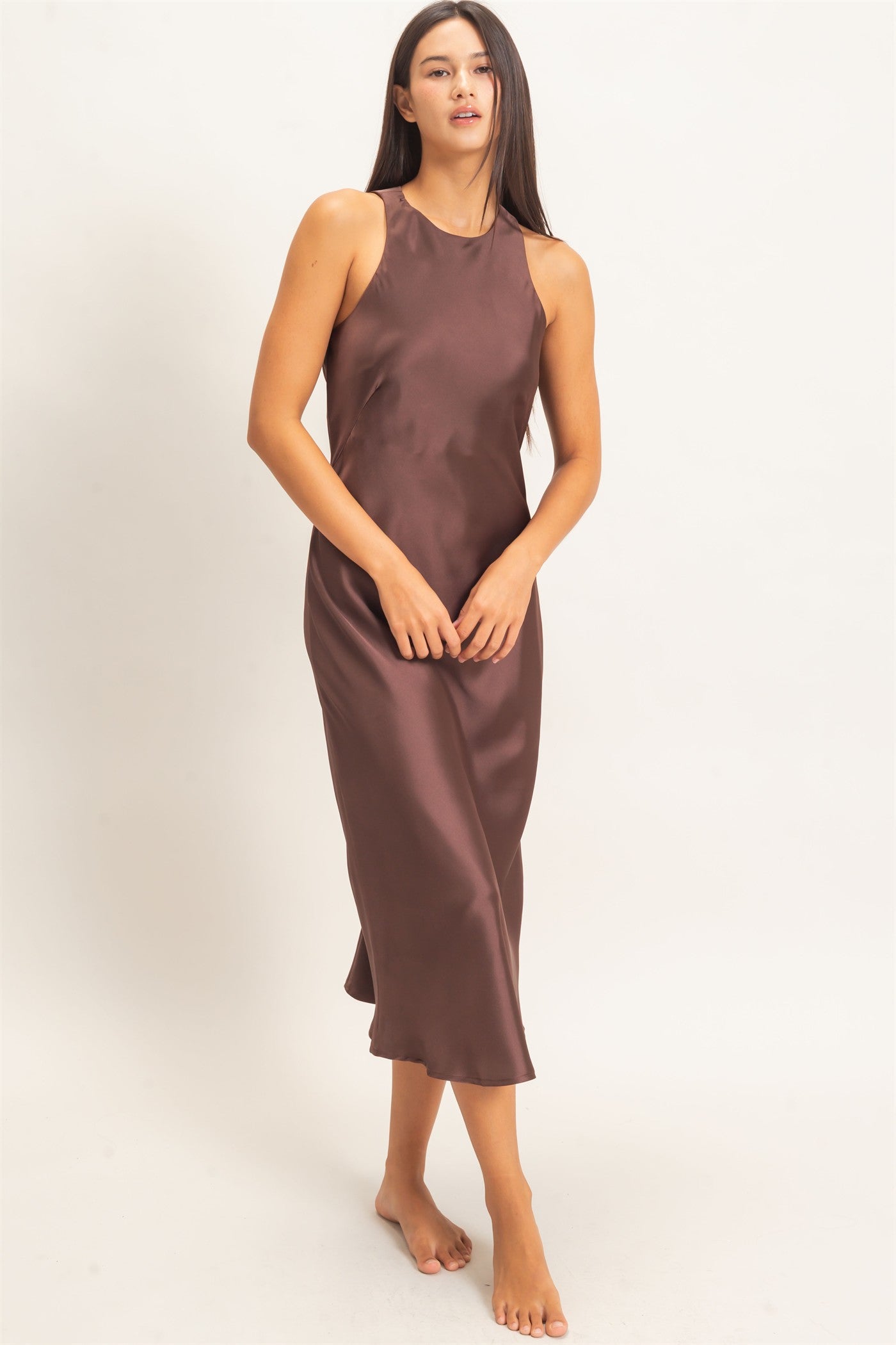 Wholesale Sleeveless Satin Midi Dress Dresses DZ26E257 DARK BROWN DOUBLE ZERO