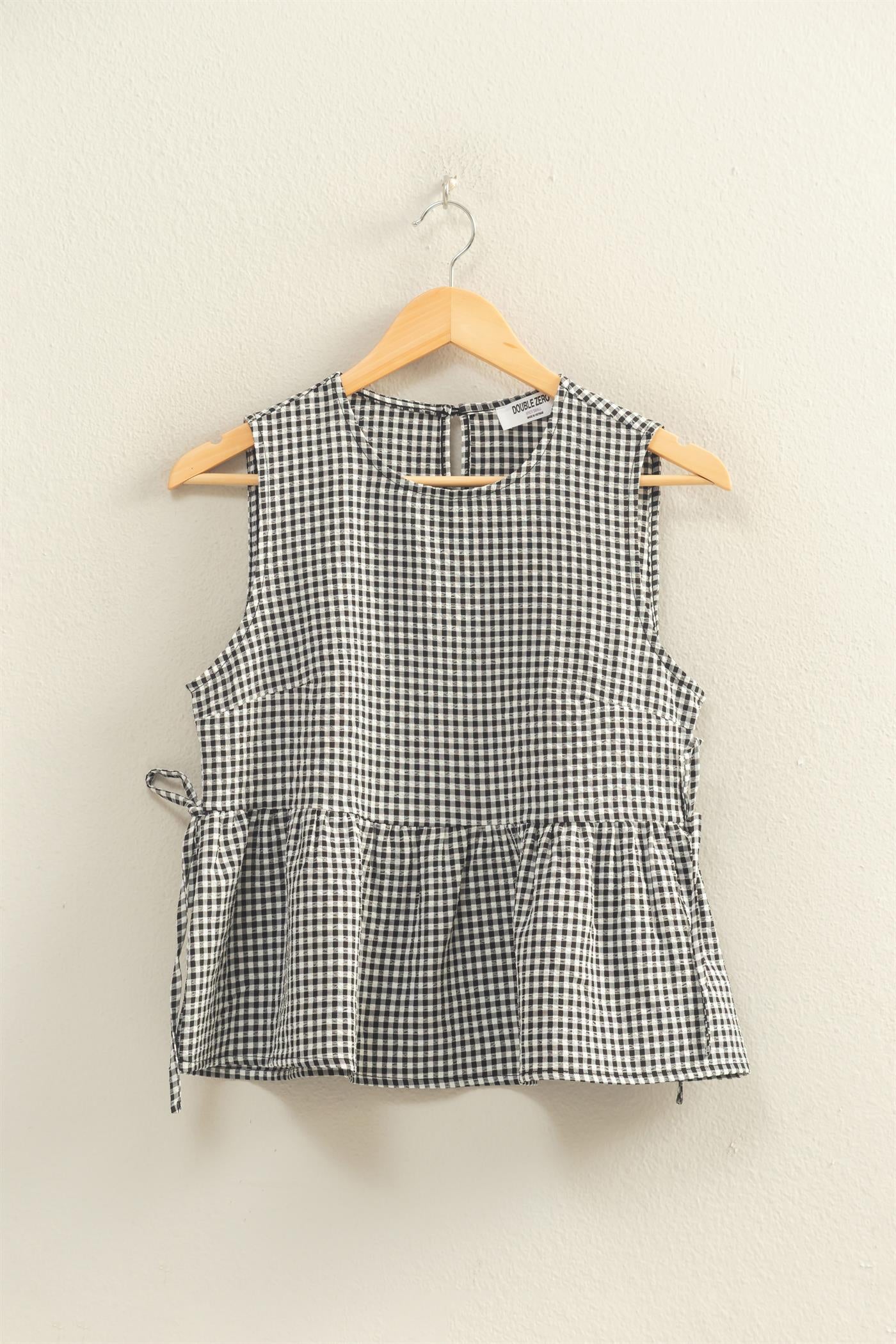Wholesale Gingham Sleeveless Peplum Top With Side Ties Blouses DZ26C073 BLACK HYFVE