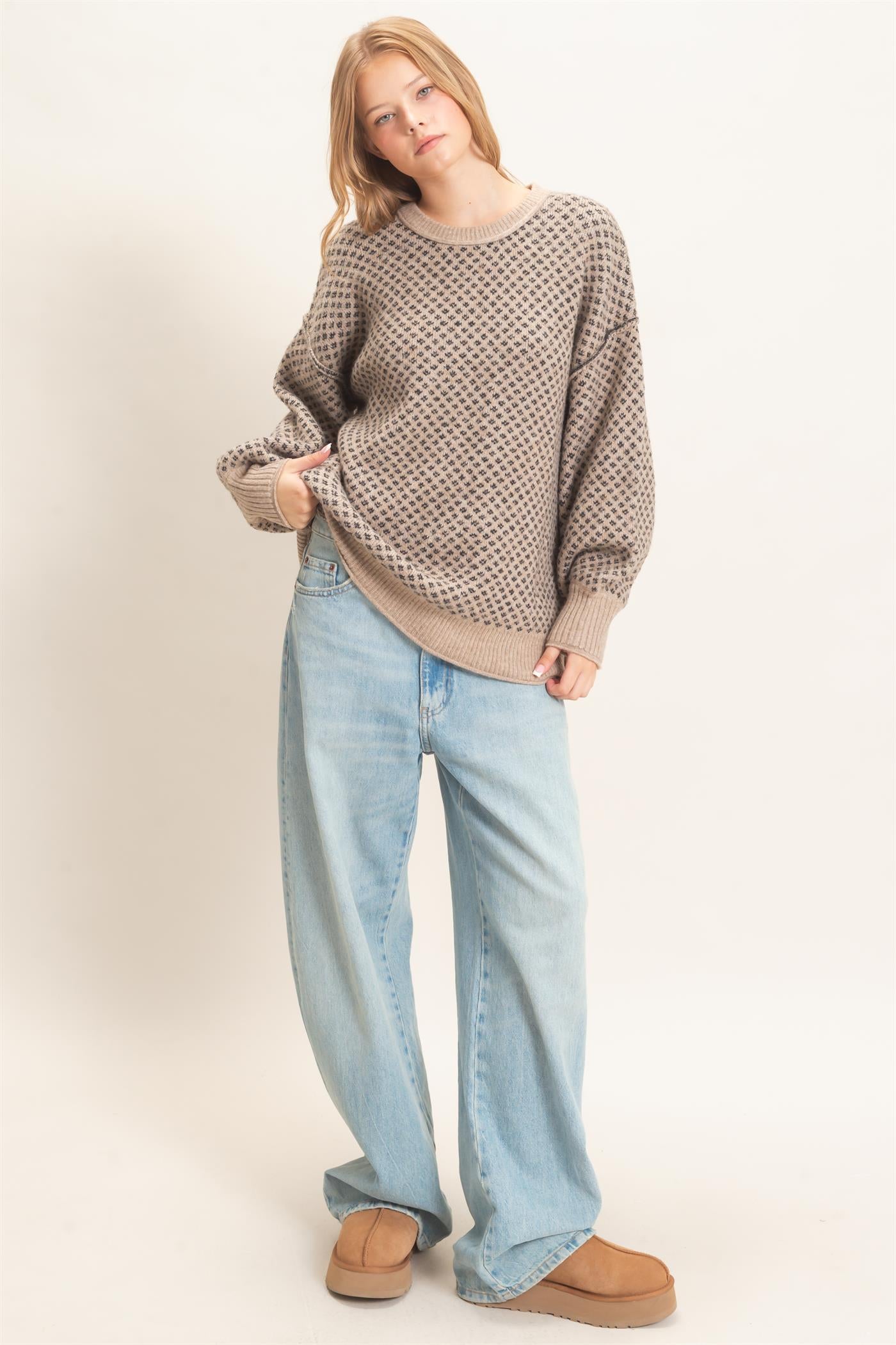 Wholesale Diamond Jacquard Knit Sweater Sweaters HF26E891 TAUPE HYFVE