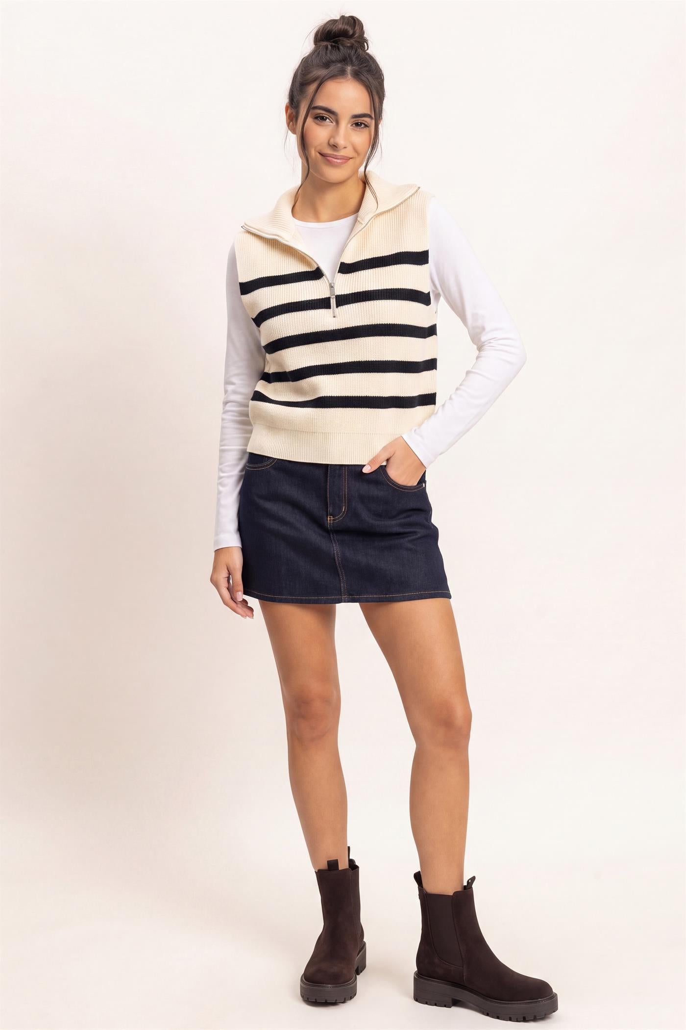 Wholesale Half-Zip Sleeveless Stripe Sweater Sweaters DZ26E951 CREAM DOUBLE ZERO
