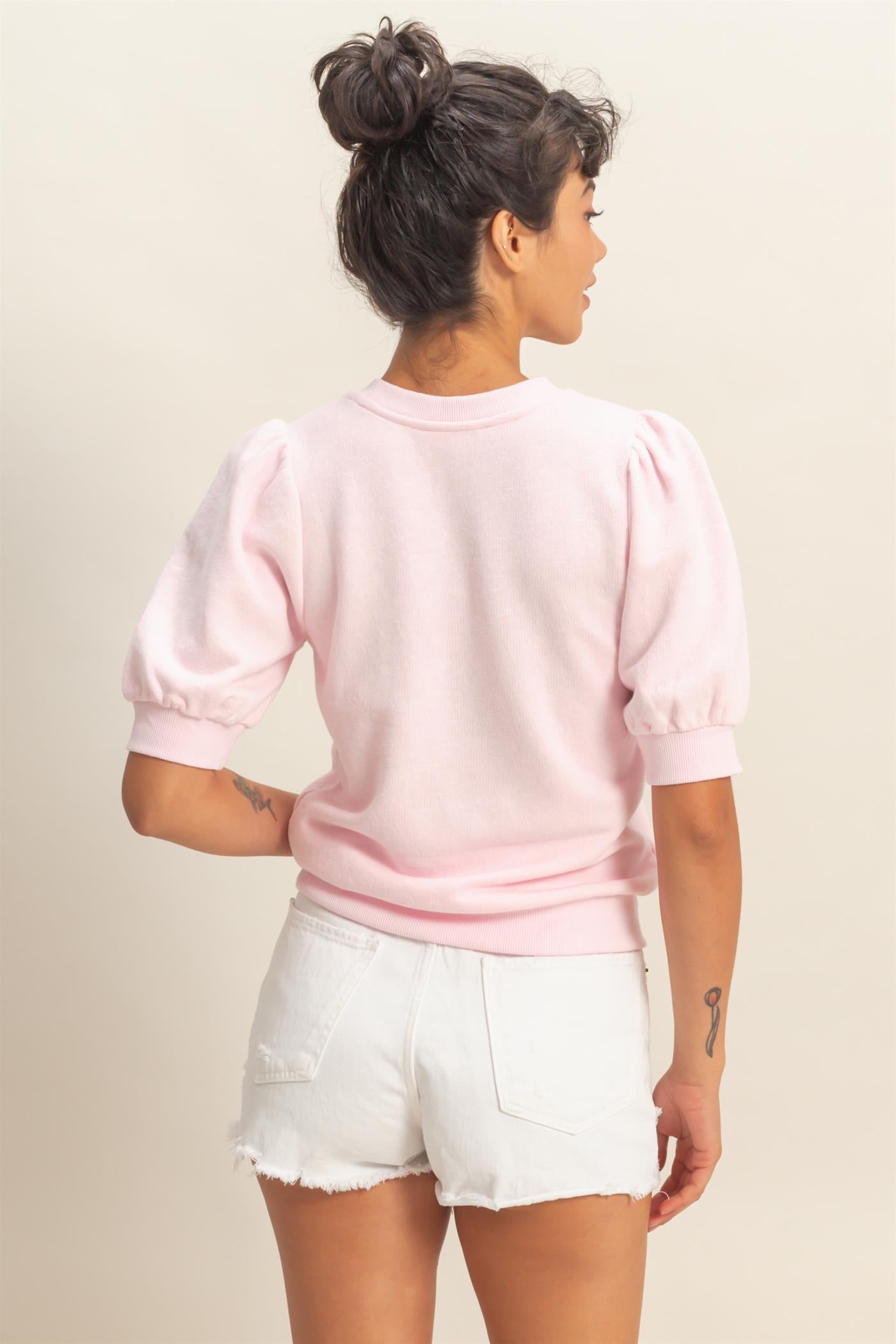 Wholesale Puff Short Sleeve Crew Neck Top Clothing Tops DZ26A927 SOFT PINK DOUBLE ZERO