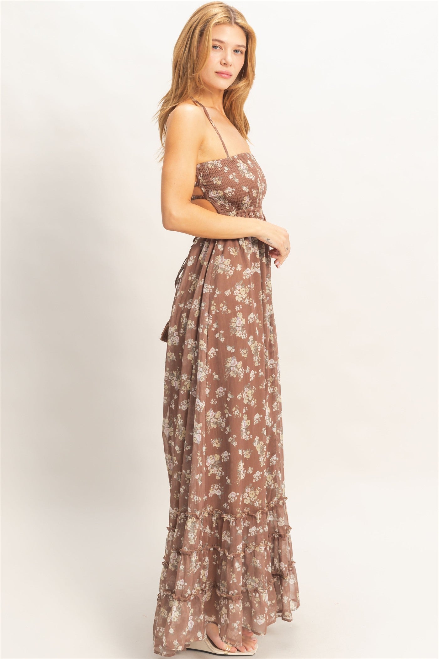 Wholesale Smocked Floral Maxi Dress Dresses HF26E648 BROWN HYFVE