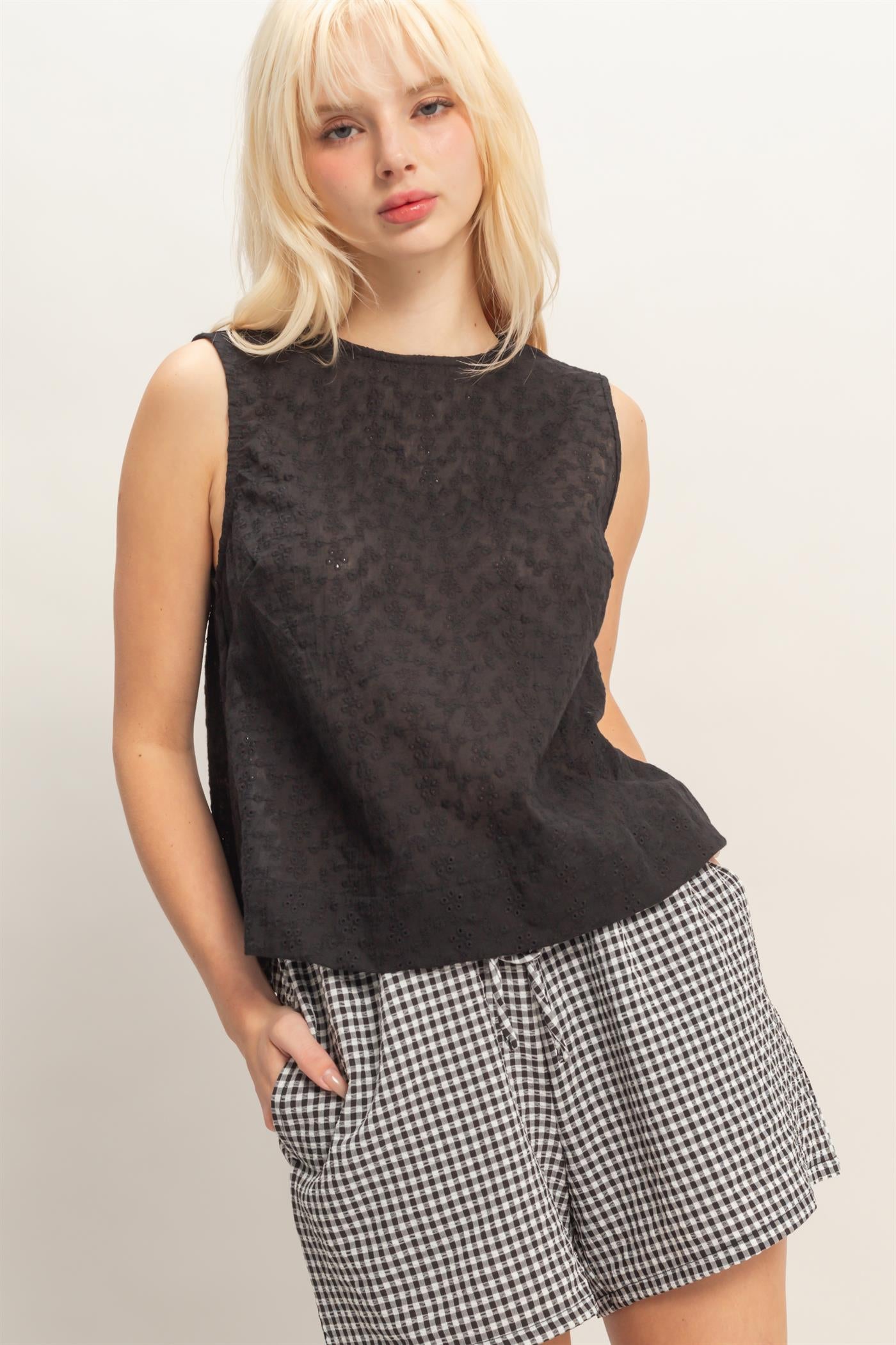 Wholesale Eyelet Sleeveless Top With Back Buttons Clothing Tops DZ26C541 BLACK DOUBLE ZERO