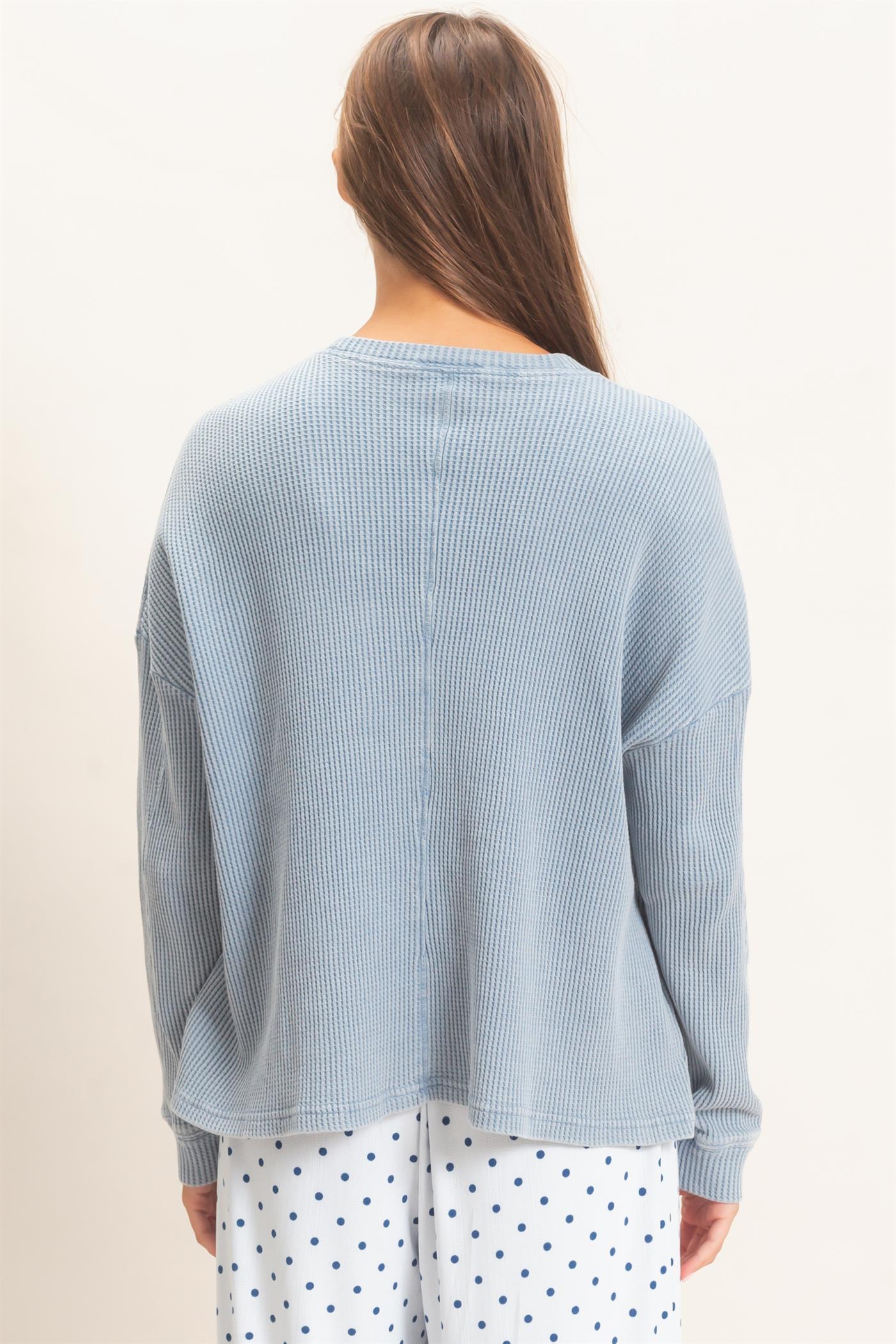Wholesale Mineral Wash Waffle Long Sleeve Top Clothing Tops DZ26F242 DUSTY BLUE DOUBLE ZERO