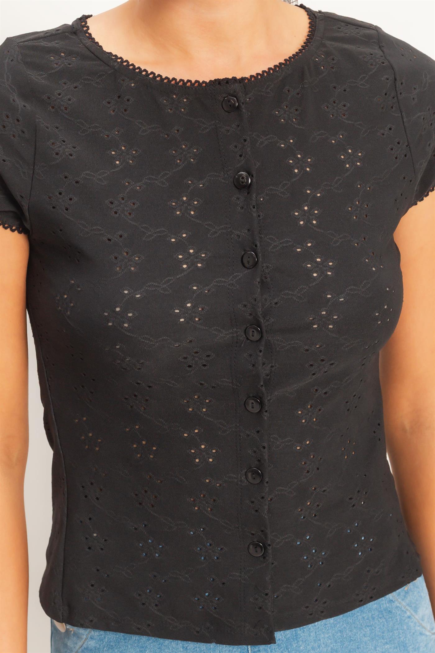 Wholesale Eyelet Button Front Knit Top Clothing Tops HF26C094 BLACK HYFVE