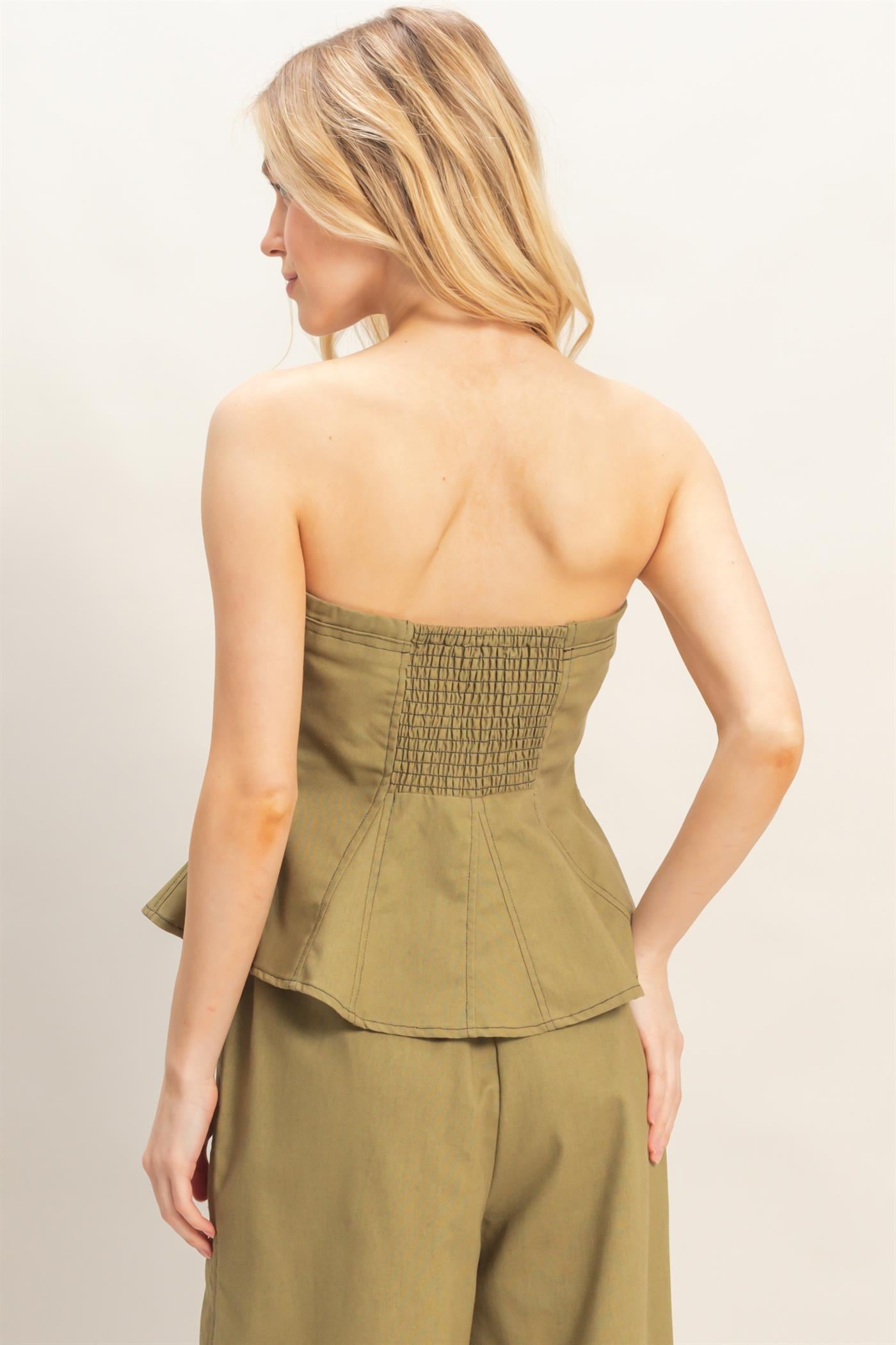 Wholesale Peplum Tube Top Clothing Tops HF26C401 OLIVE HYFVE
