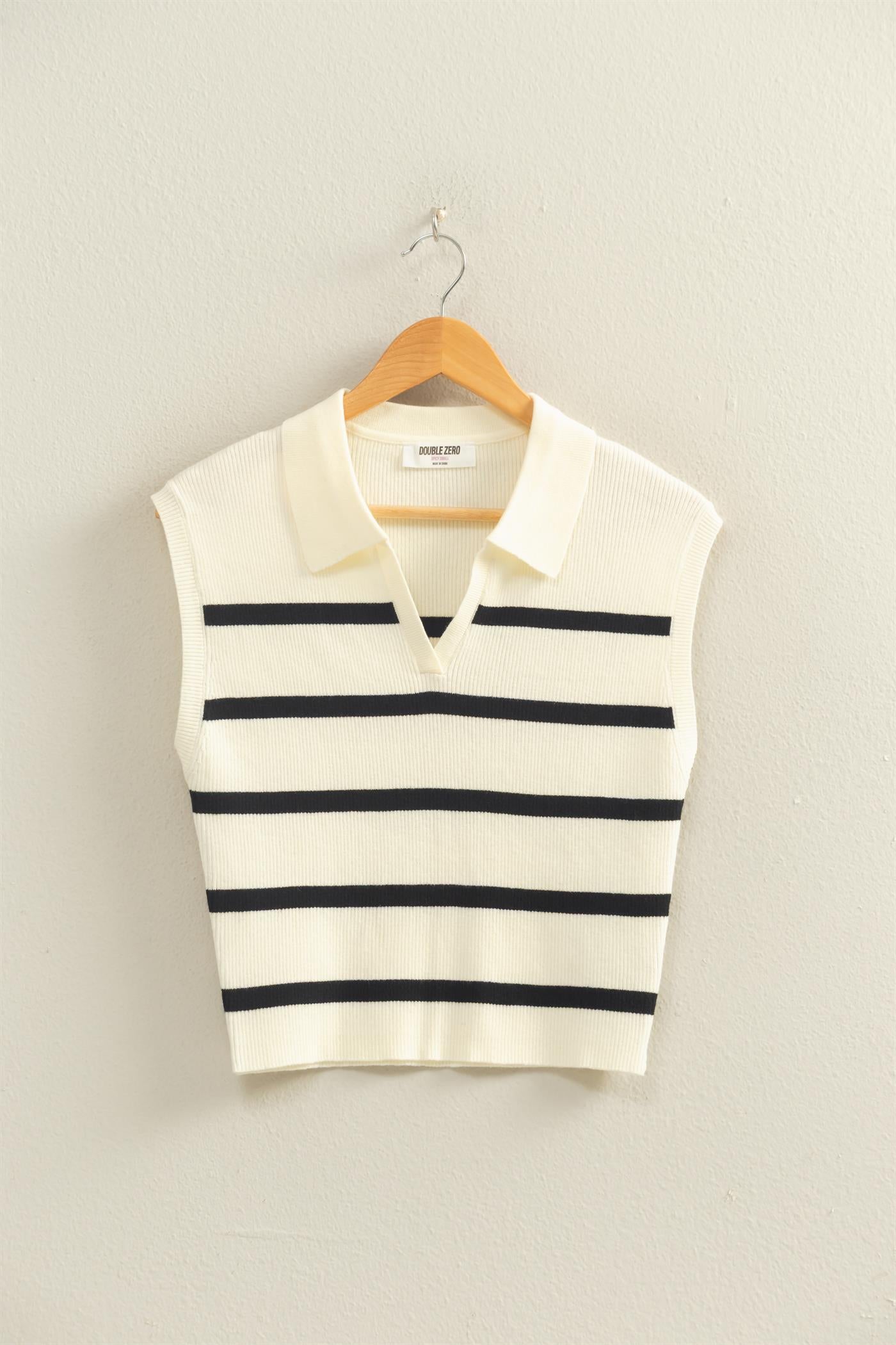 Wholesale Collared Striped Polo Vest Clothing Tops DZ26A337 BLACK DOUBLE ZERO