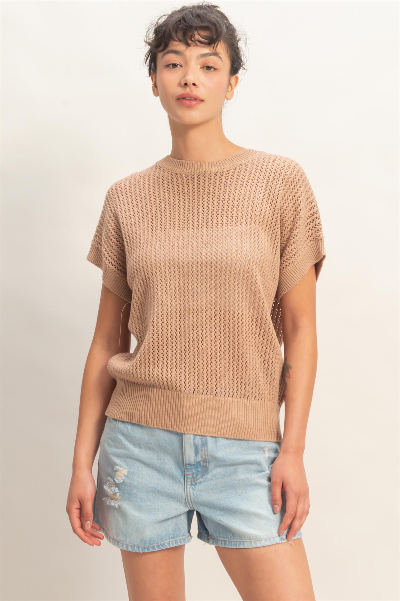 Wholesale Open-Knit Dolman Sleeve Top Clothing Tops DZ26A334 DARK TAUPE DOUBLE ZERO