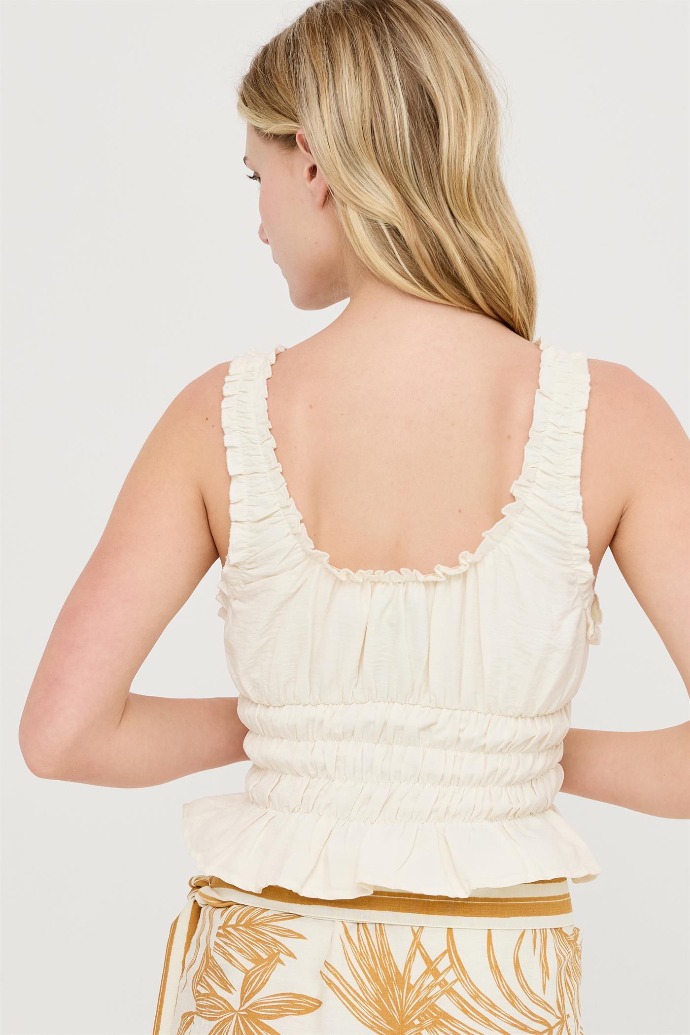 Wholesale Ruched Square Neck Smocked Top Clothing Tops HF26E388-D OFF WHITE HYFVE