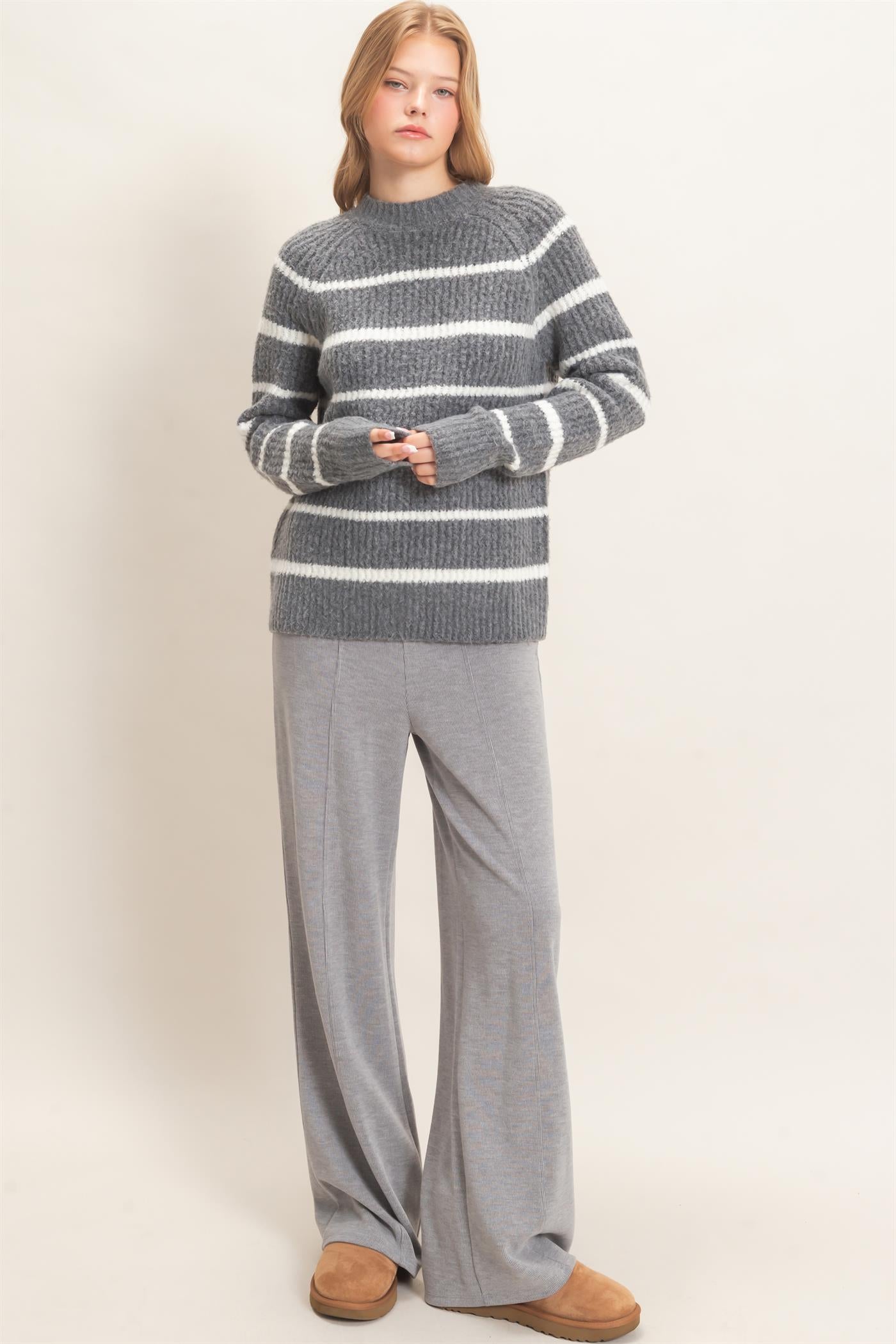 Wholesale Textured Striped Mock Neck Sweater Sweaters HF26E765 GRAY HYFVE