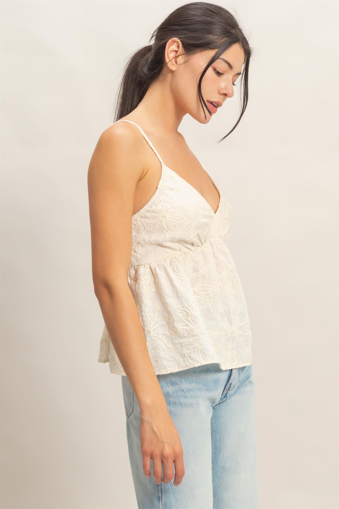 Wholesale Embroidered V-Neck Smocked Top Clothing Tops HF26E390-D CREAM HYFVE