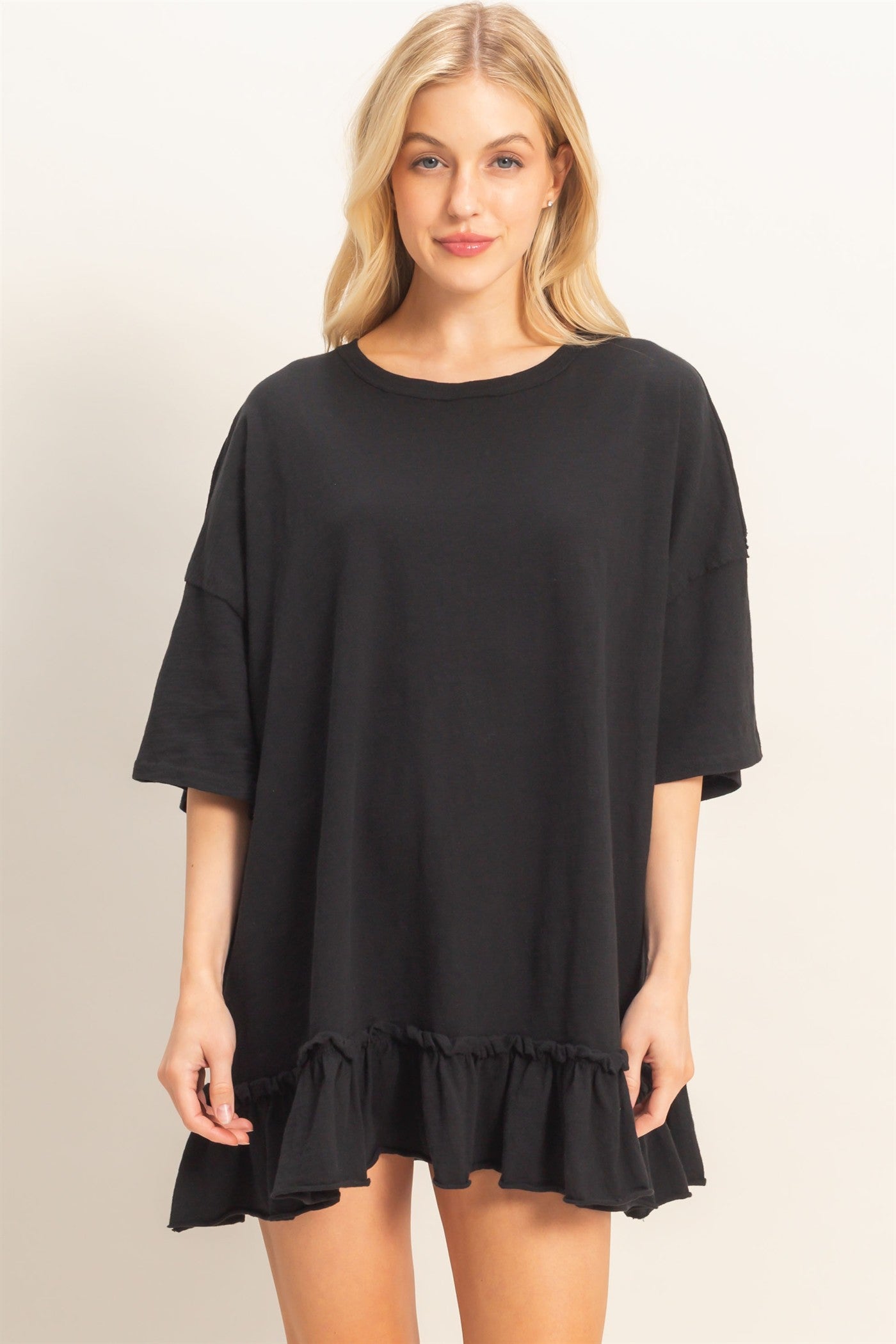 Wholesale Ruffled Hem Oversized Tunic Dresses HF26A785 BLACK HYFVE