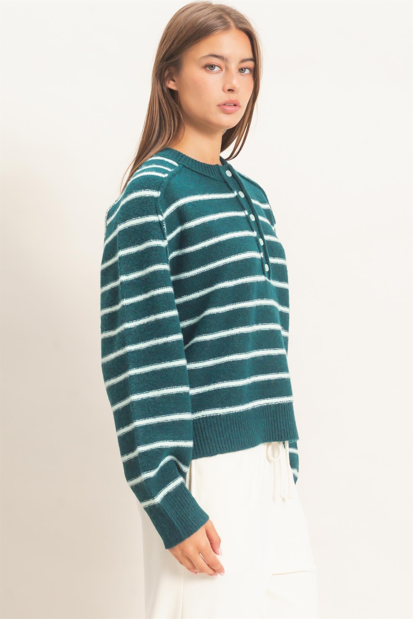 Wholesale Stripe Henley Sweater Sweaters DZ26F002 DARK GREEN DOUBLE ZERO