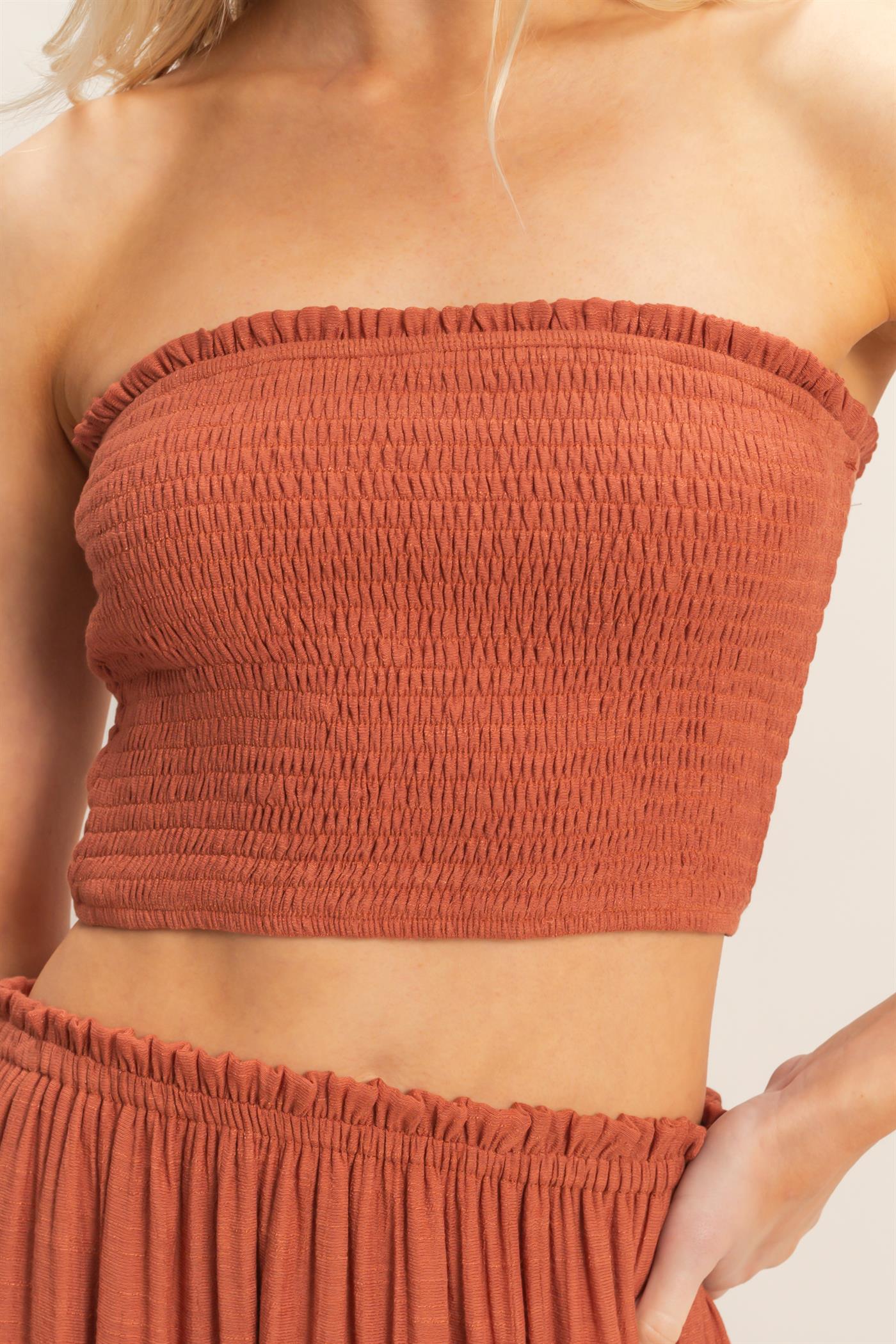 Wholesale Smocked Tube Top & Tiered Skirt Set Clothing HF26C289-SET-D RUST HYFVE