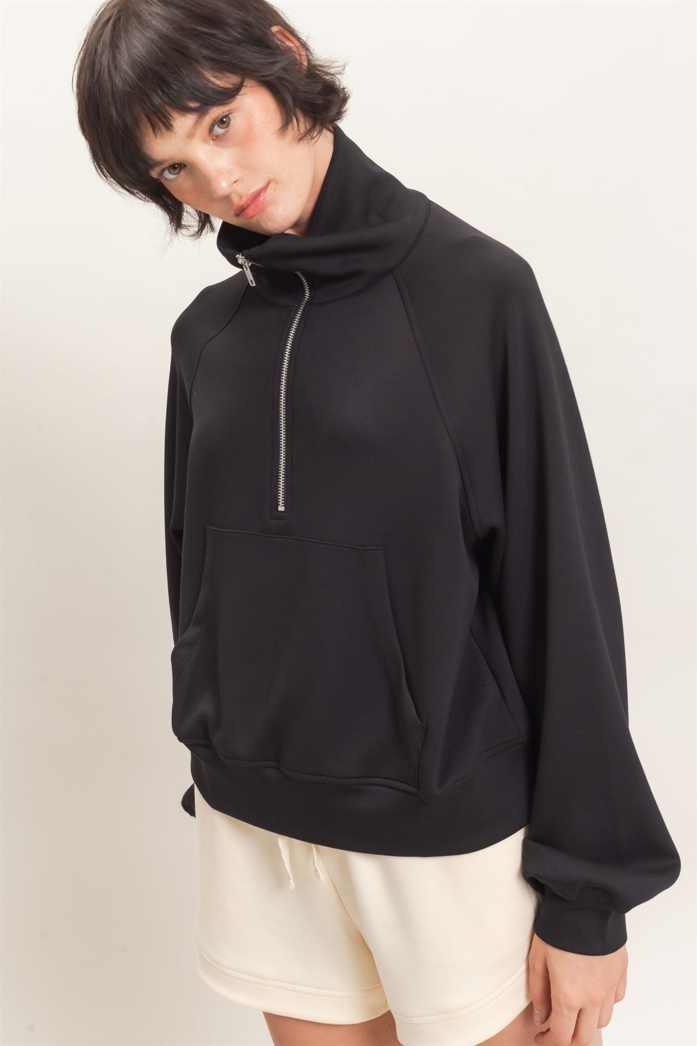 Wholesale Half-Zip Collar Raglan Pullover Sweatshirts DZ26C967 BLACK DOUBLE ZERO