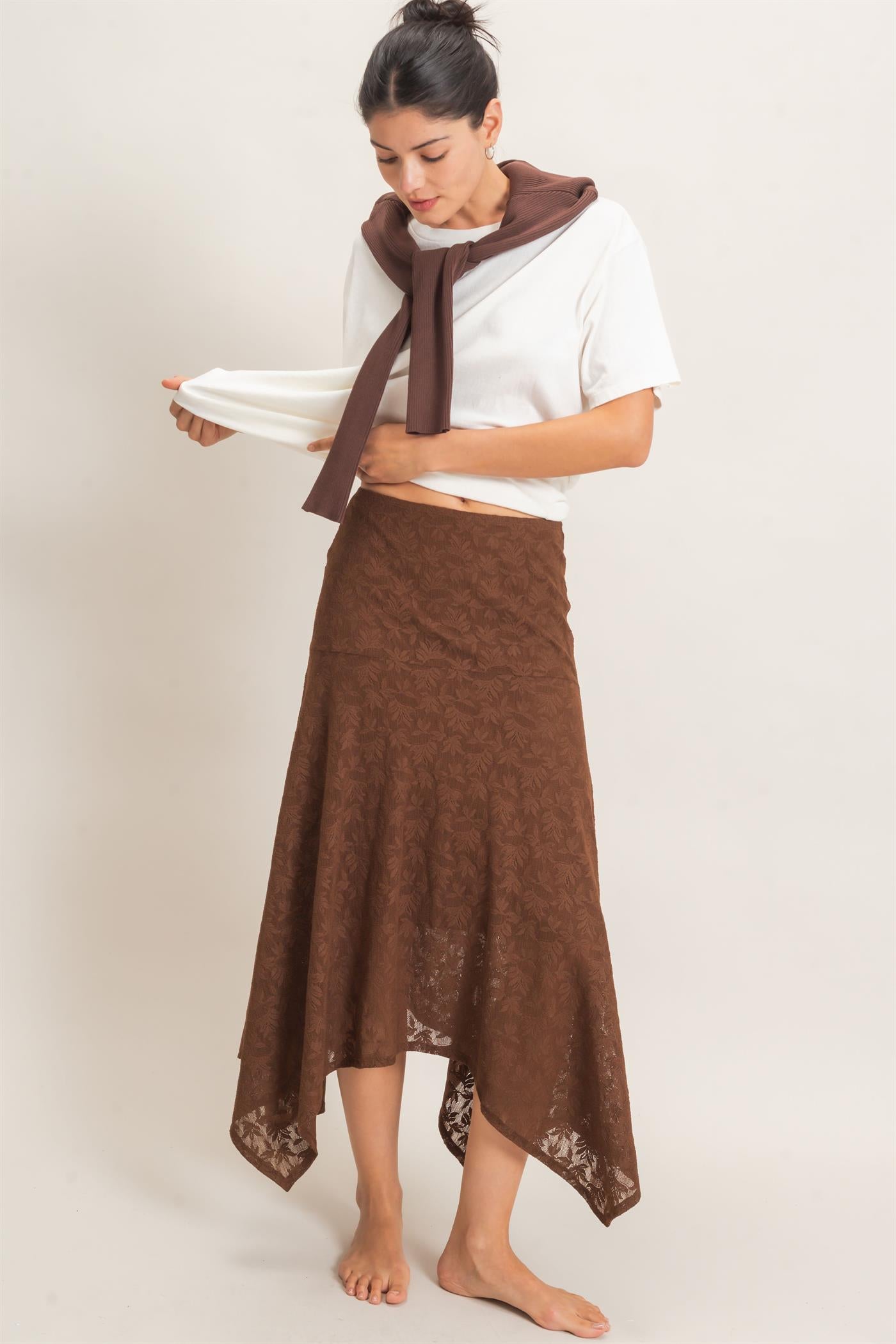 Wholesale Floral Lace Hanky Hem Skirt Skirts HF26E371 BROWN HYFVE