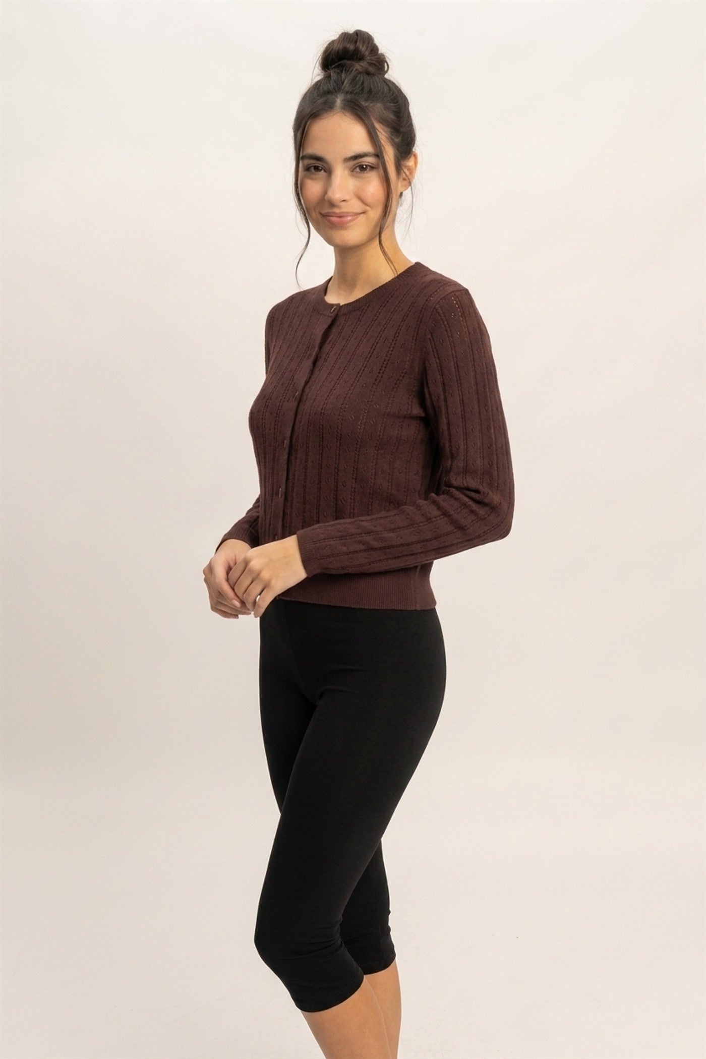 Wholesale Pointelle Button-Down Cardigan Cardigans DZ26E302 DARK BROWN DOUBLE ZERO