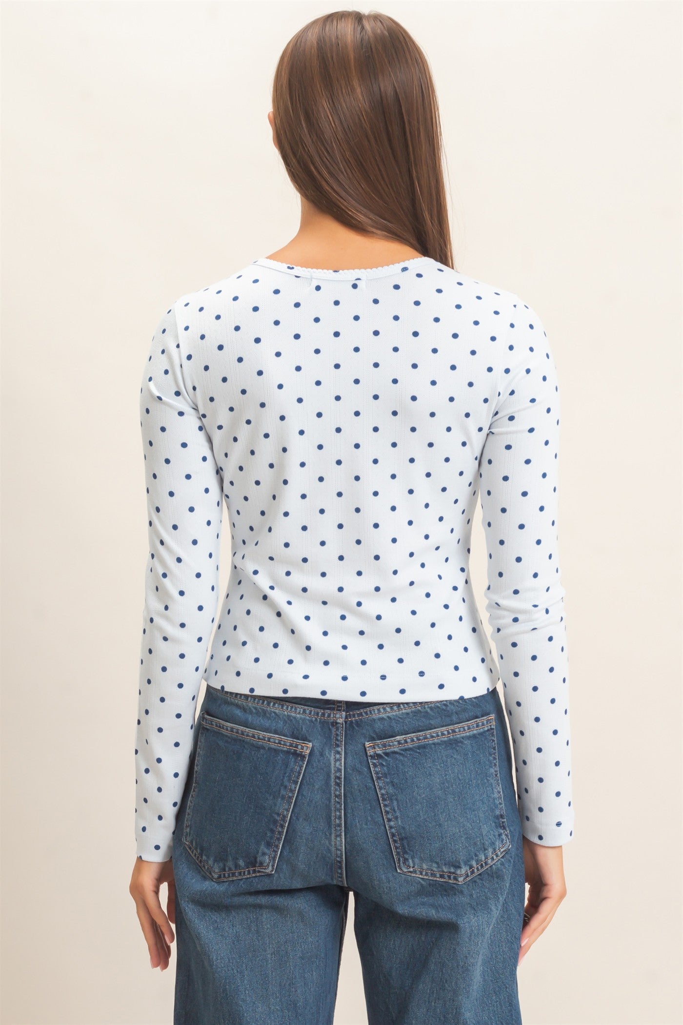 Wholesale Polka Dot Button Front Long Sleeve Top Clothing Tops DZ27A156 LIGHT BLUE DOUBLE ZERO