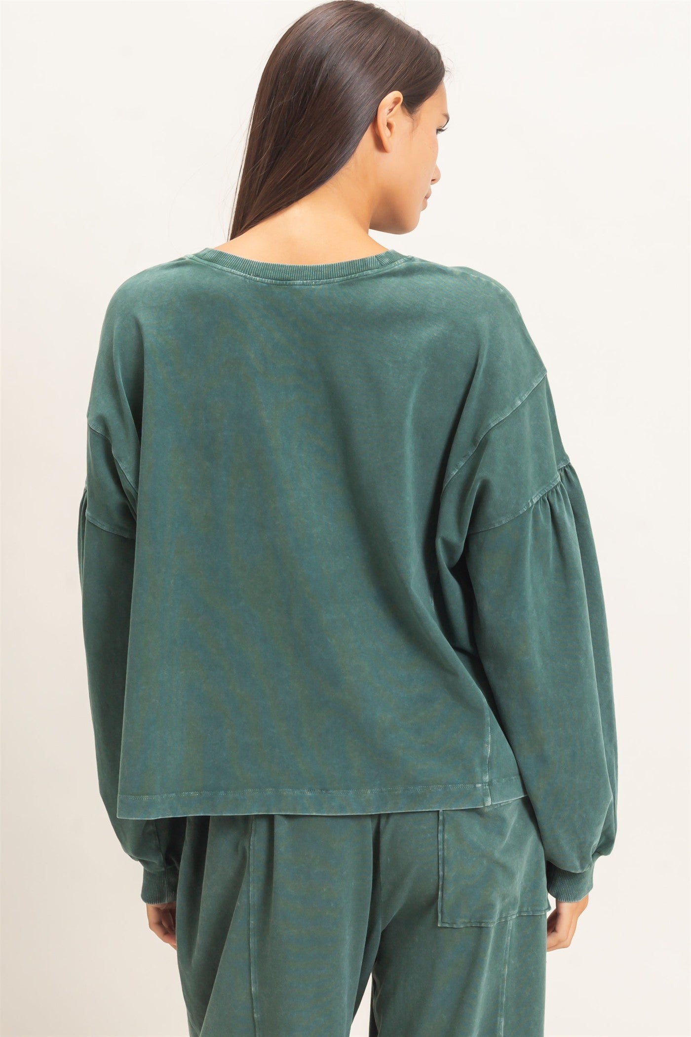 Wholesale Mineral Wash Puff Long Sleeve Boxy Top Clothing Tops DZ26F402 DARK GREEN DOUBLE ZERO