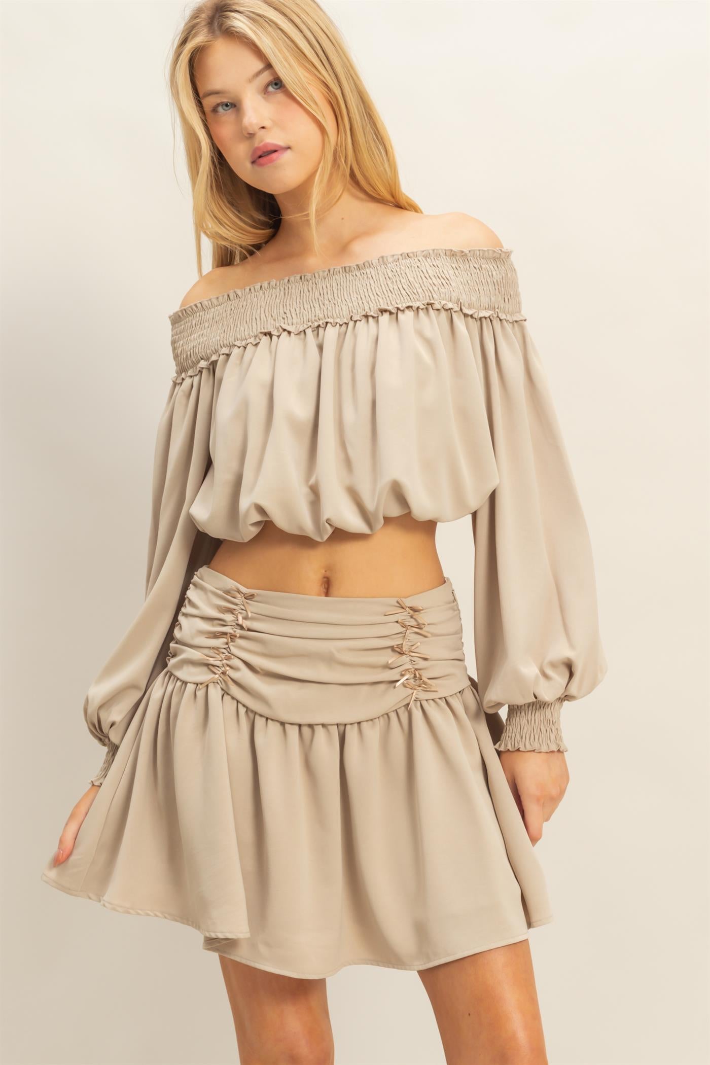 Wholesale Romantic Off Shoulder Top And Gathered Skirt Set Clothing HF25A243-SET BEIGE HYFVE