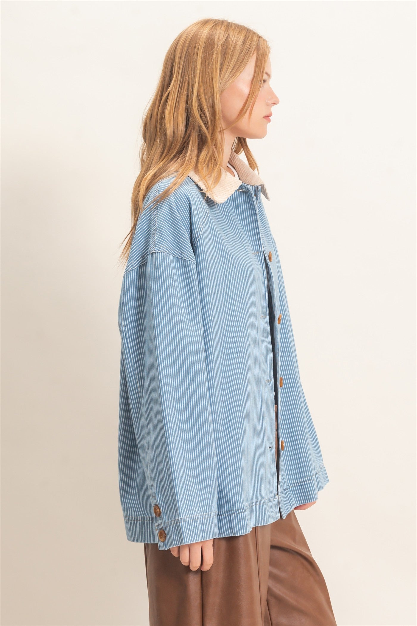 Wholesale Pinstripe Denim Jacket Coats & Jackets HF26C006 LIGHT DENIM HYFVE
