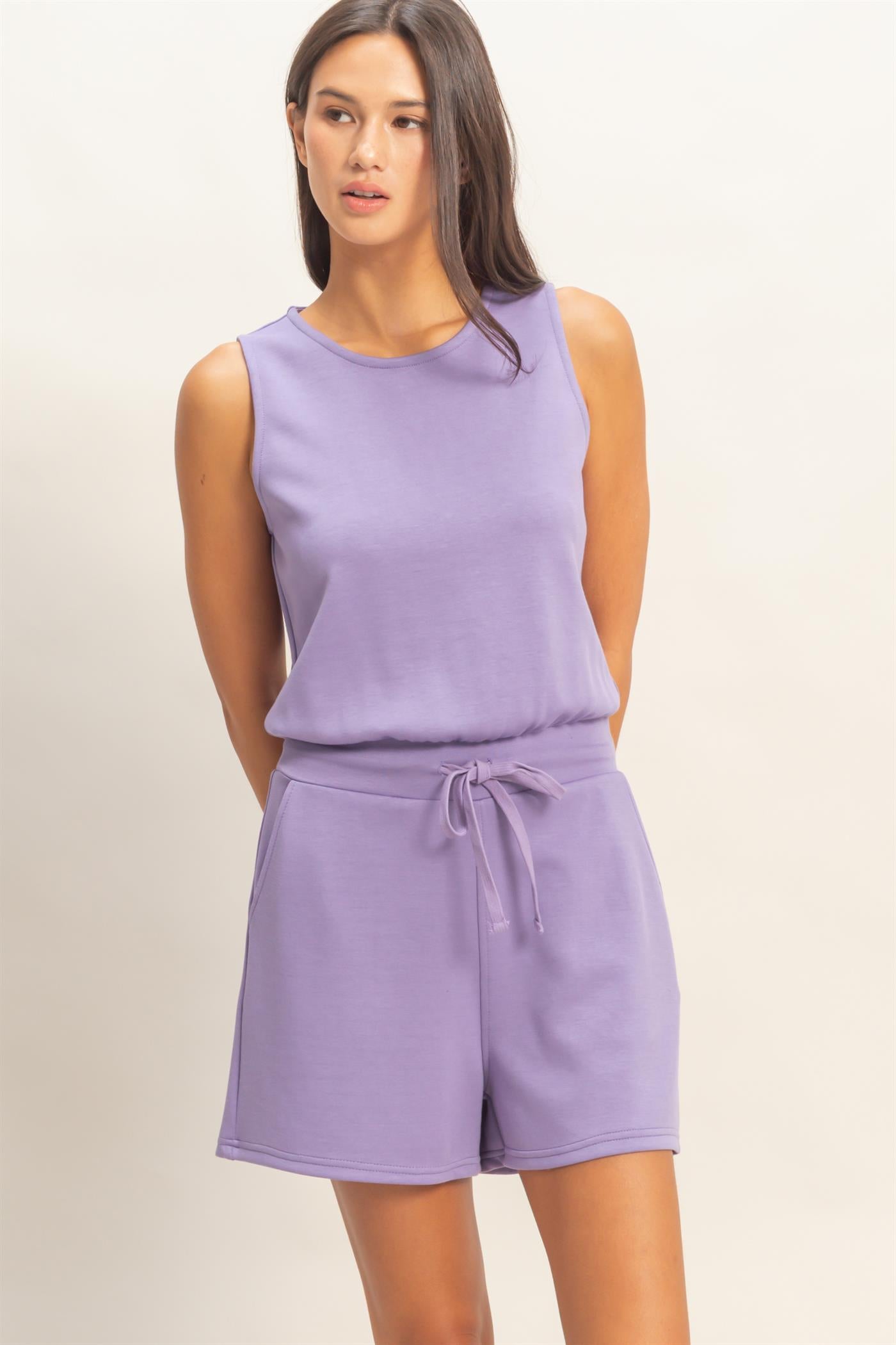 Wholesale Drawstring Waist Sleeveless Romper Clothing DZ26C732 DUSTY PURPLE DOUBLE ZERO