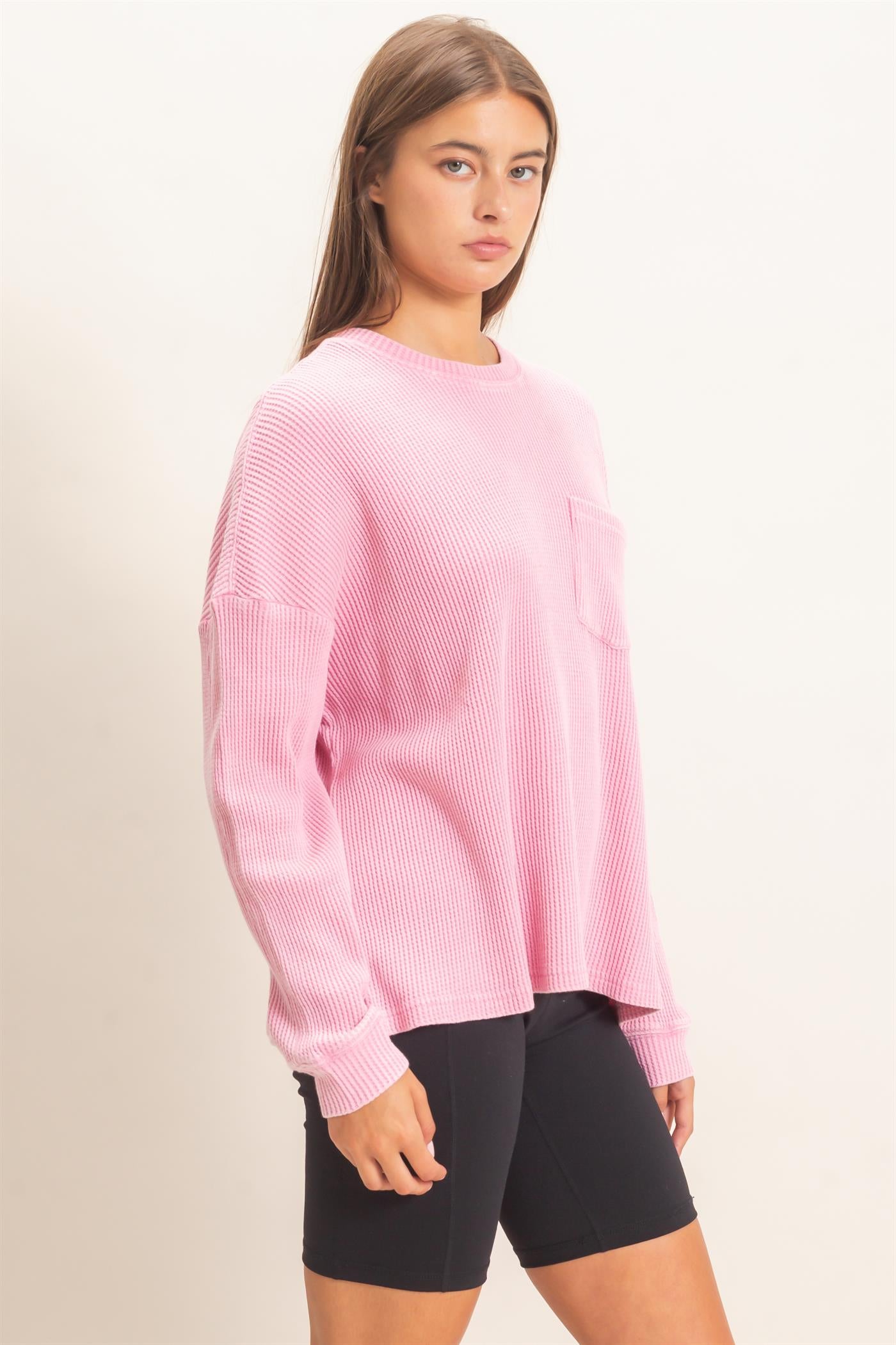 Wholesale Mineral Wash Waffle Long Sleeve Top Clothing Tops DZ26F242 PINK DOUBLE ZERO