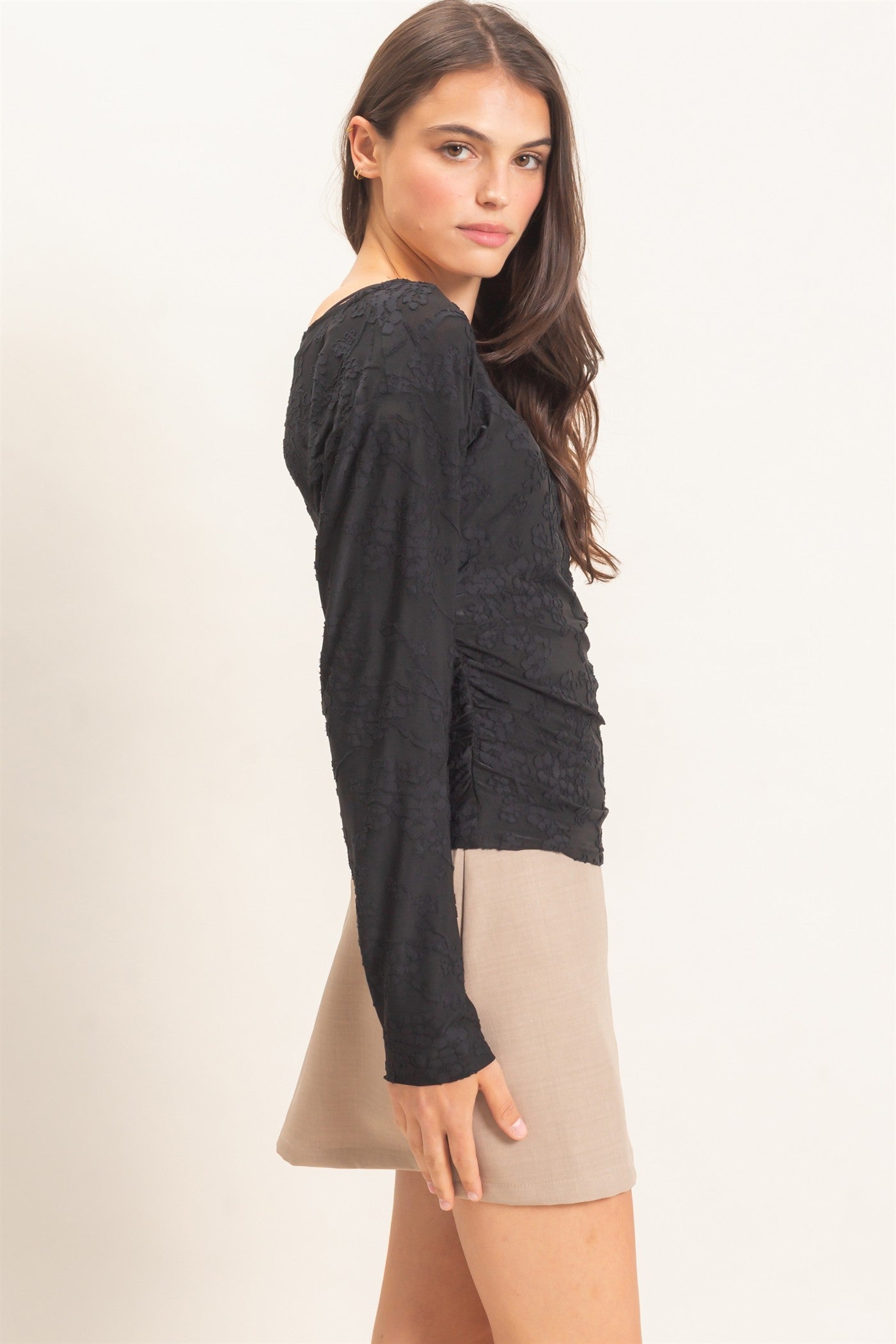 Wholesale Sheer Lace Boat Neck Top Blouses HF26E761 BLACK HYFVE