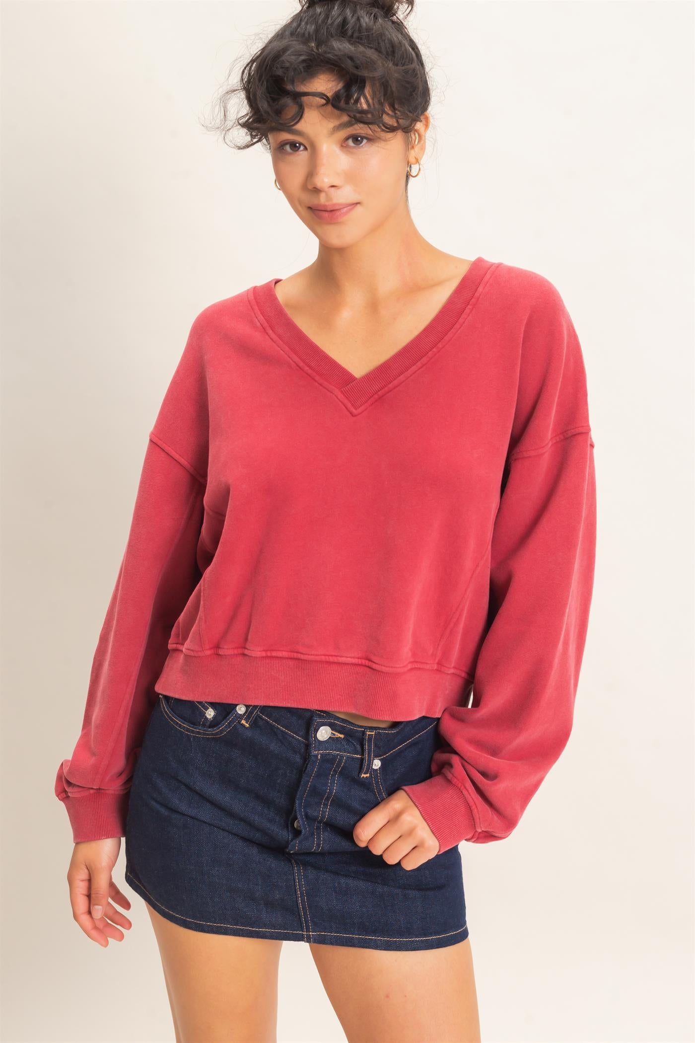 Wholesale Snow Wash V-Neck Sweatshirt Sweatshirts DZ26C844 DARK RED DOUBLE ZERO