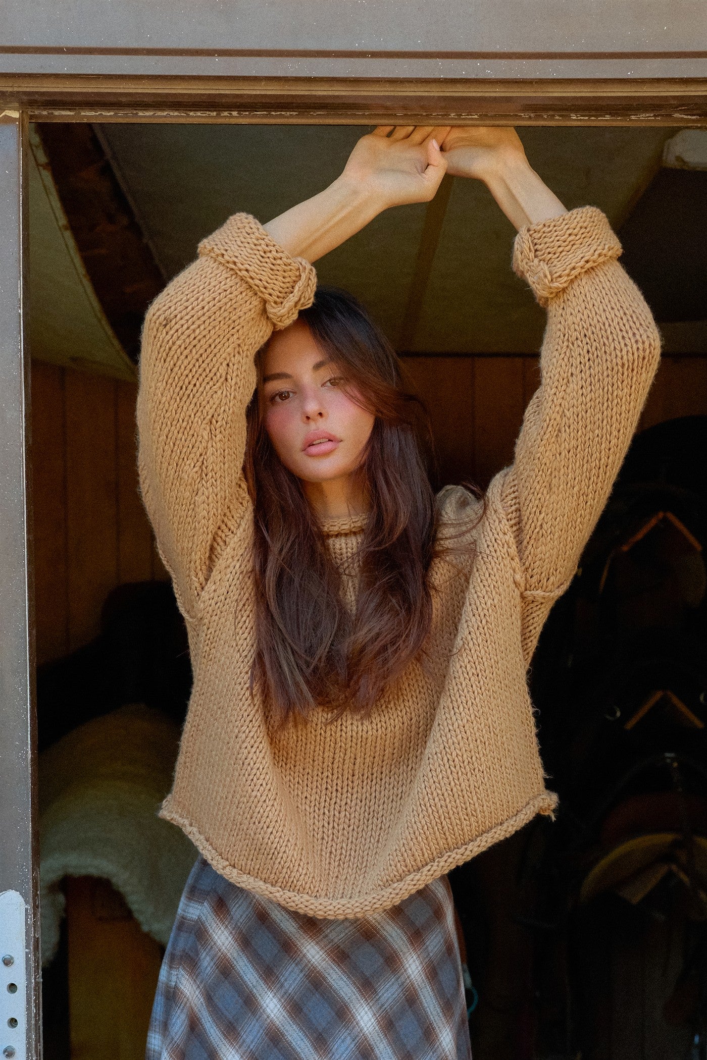 Wholesale Rolled Collar Loose Knit Sweater Sweaters HF26C859 LIGHT BROWN HYFVE
