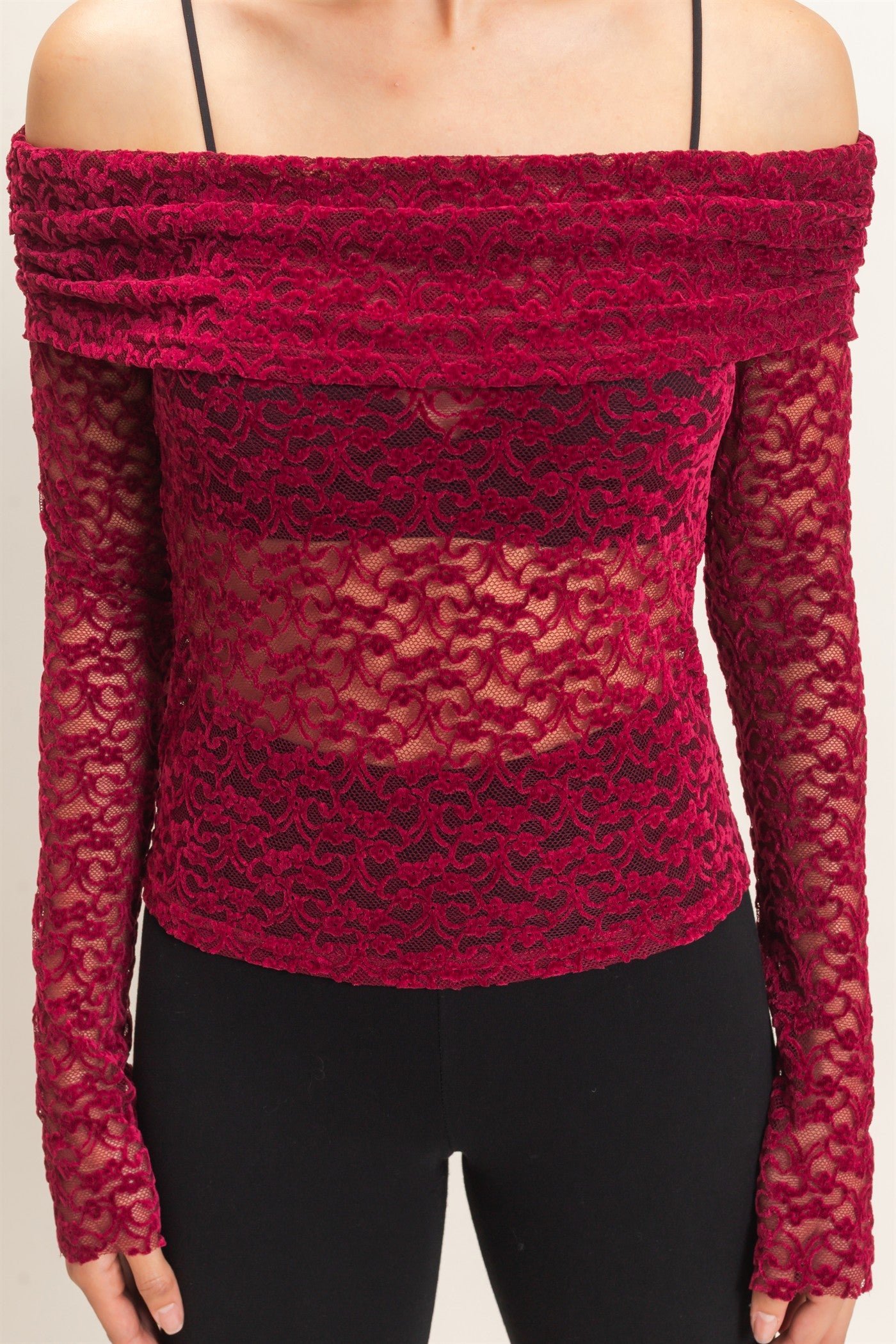 Wholesale Off-Shoulder Lace Top Clothing Tops HF26E407 BURGUNDY HYFVE