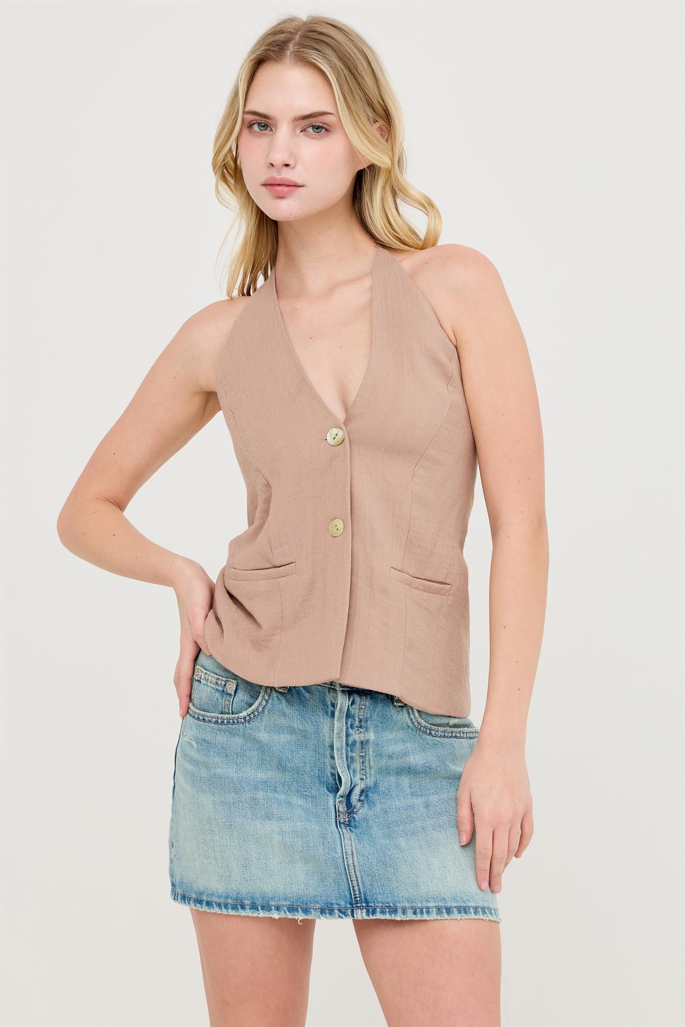 Wholesale Button Front Halter Top Clothing Tops HF26C130 LIGHT BROWN HYFVE