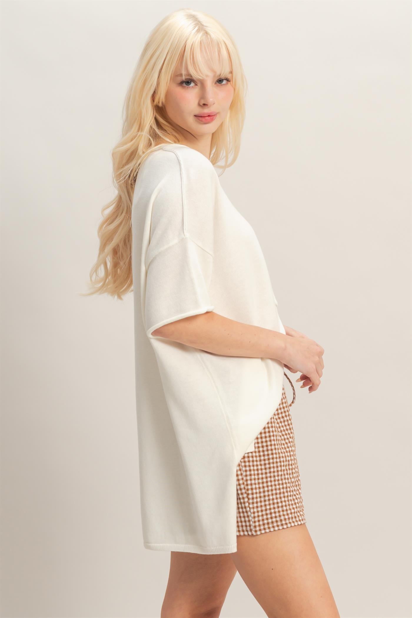 Wholesale Oversized Short Sleeve Round Neck Pocket Knit Top Clothing Tops DZ26A691 WHIP CREAM DOUBLE ZERO