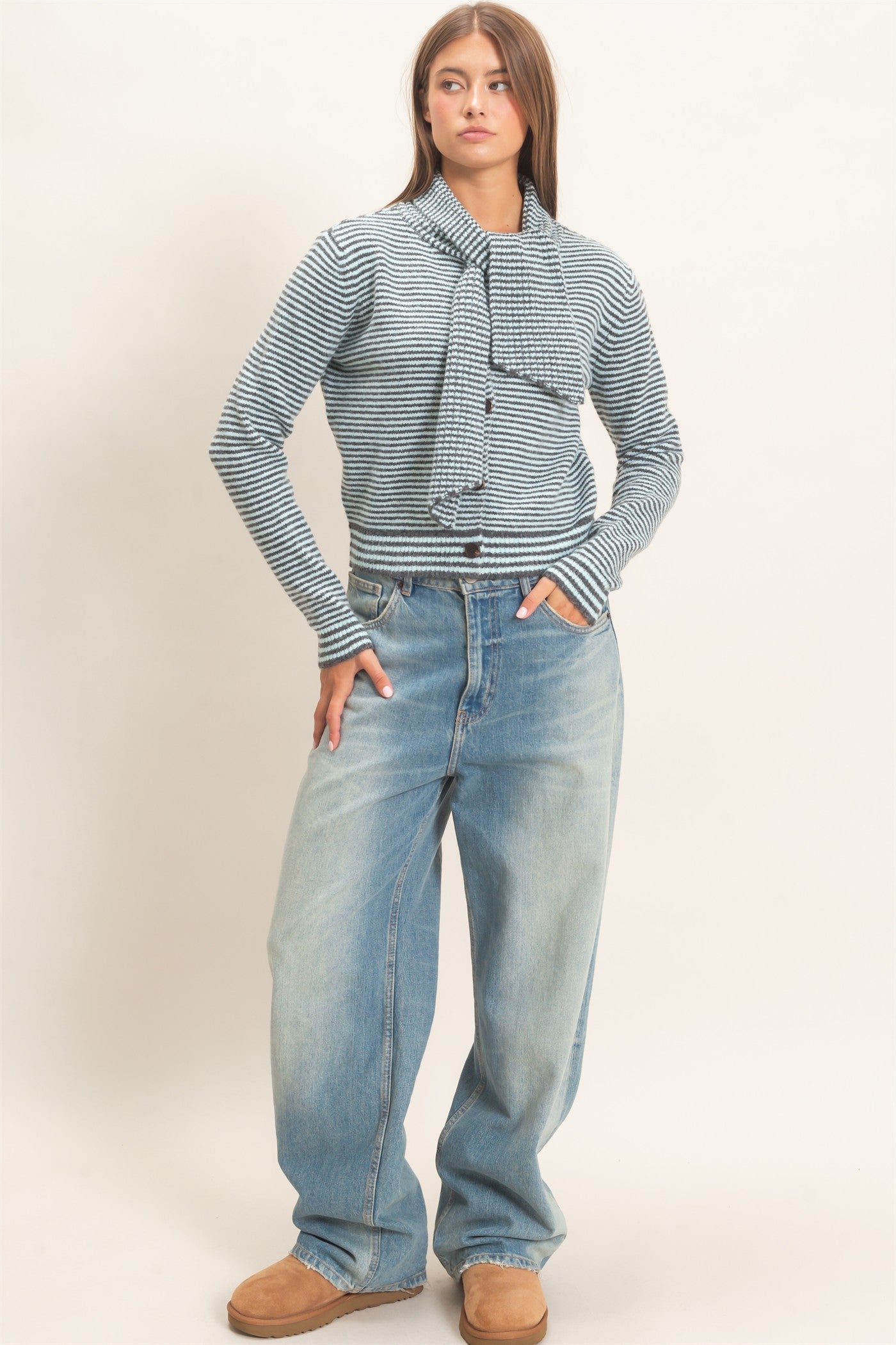 Wholesale Striped Cardigan With Scarf Cardigans DZ26E930 ICE BLUE DOUBLE ZERO