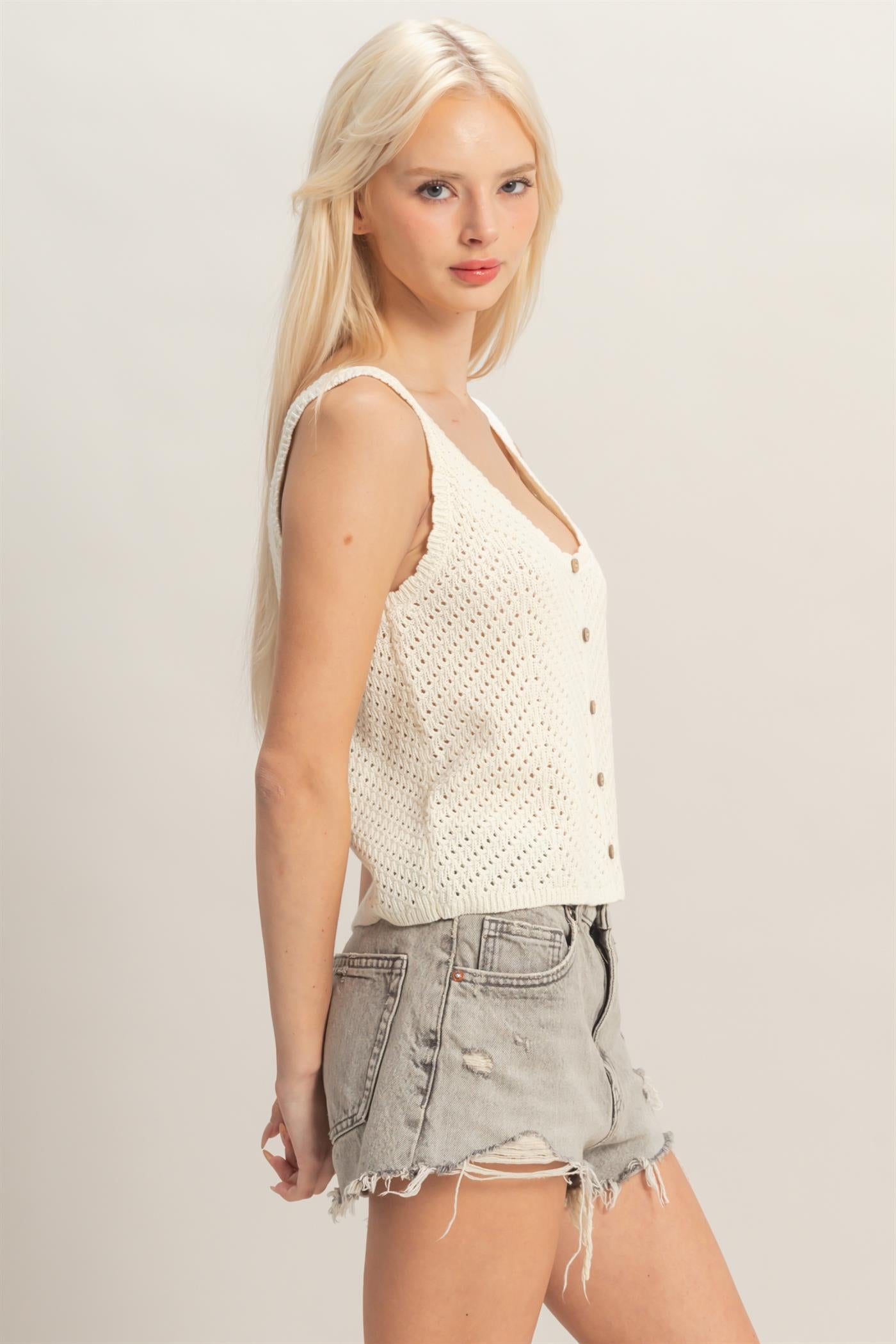 Wholesale Open Knit Scallop Edge Button Front Tank Top Tank Tops DZ26A221 CREAM DOUBLE ZERO