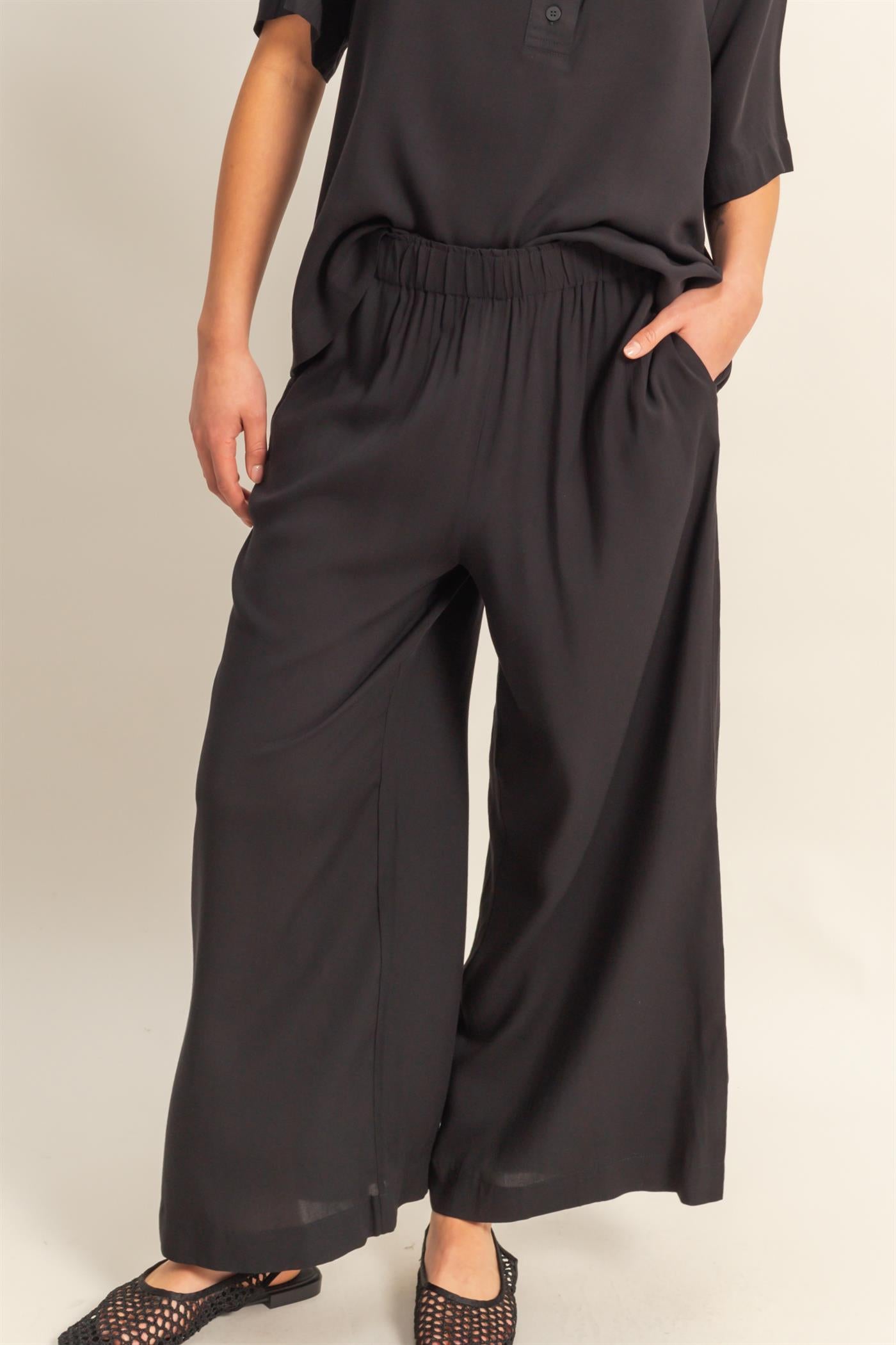 Wholesale High Waist Woven Wide Leg Pants Pants DZ25C192 BLACK DOUBLE ZERO