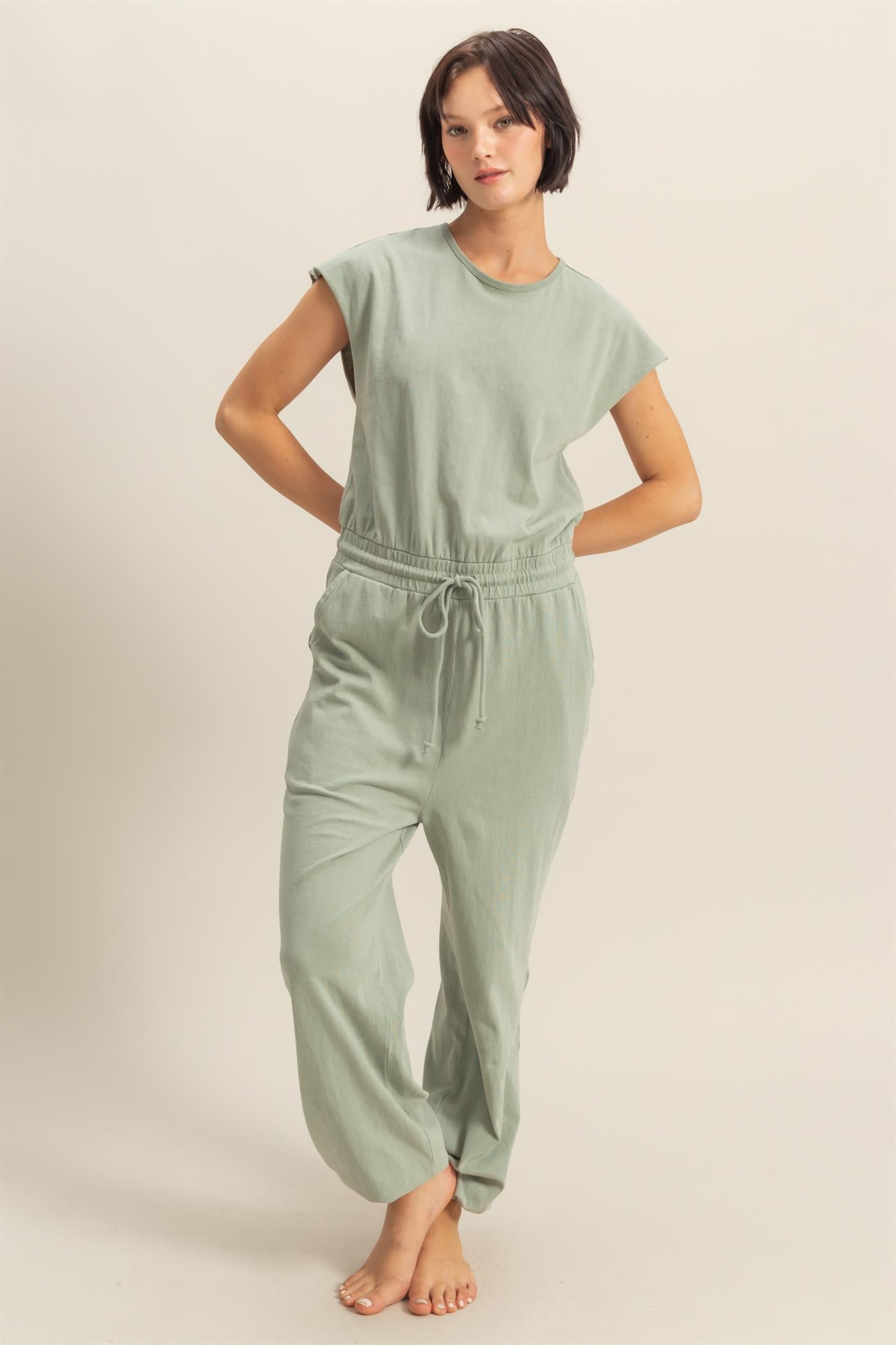 Wholesale Short Sleeve Casual Jumpsuit Clothing DZ24C619 SAGE GREEN DOUBLE ZERO