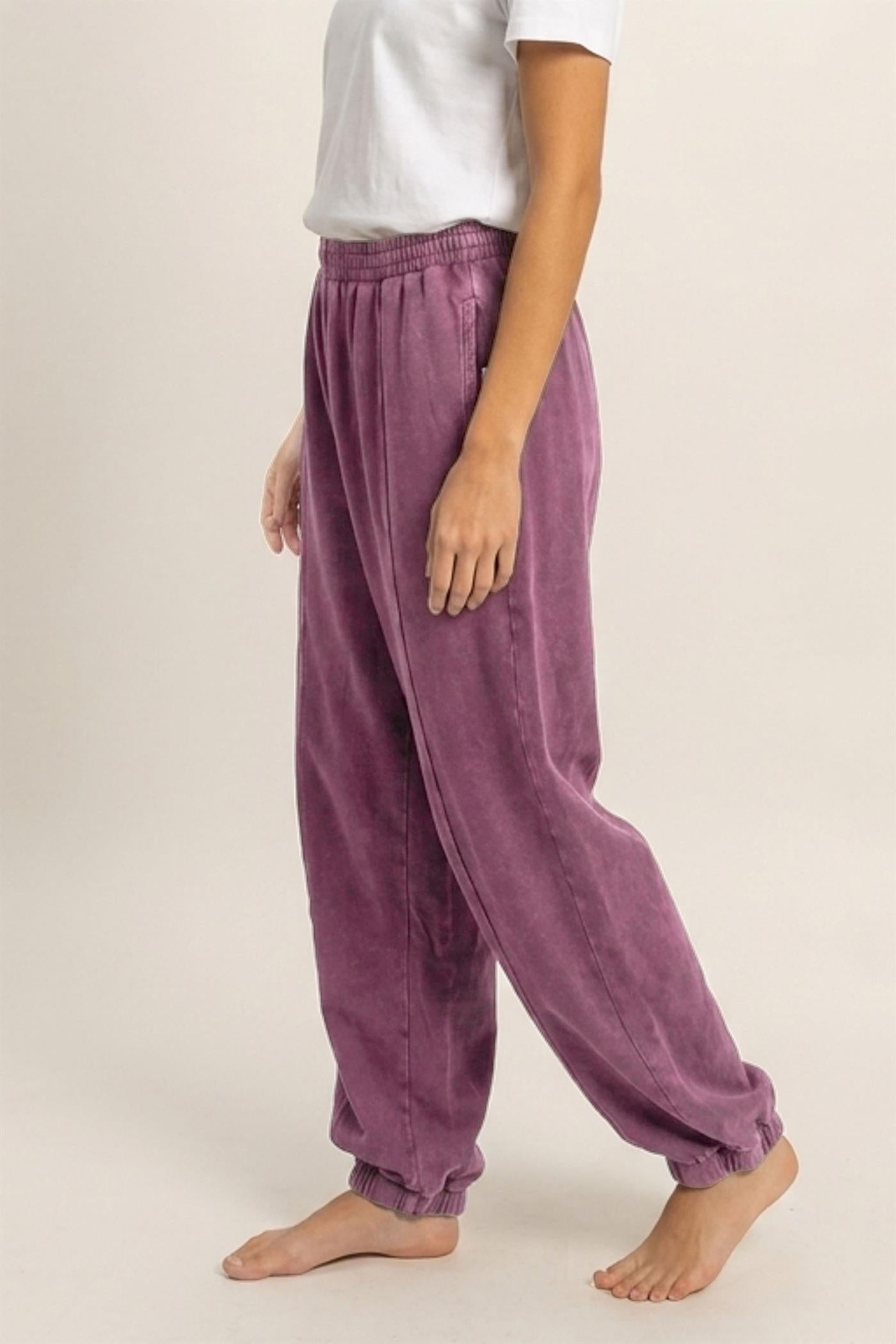 Wholesale Mineral Wash Elastic Waist Jogger Pants Joggers DZ26F405 DARK CHERRY DOUBLE ZERO