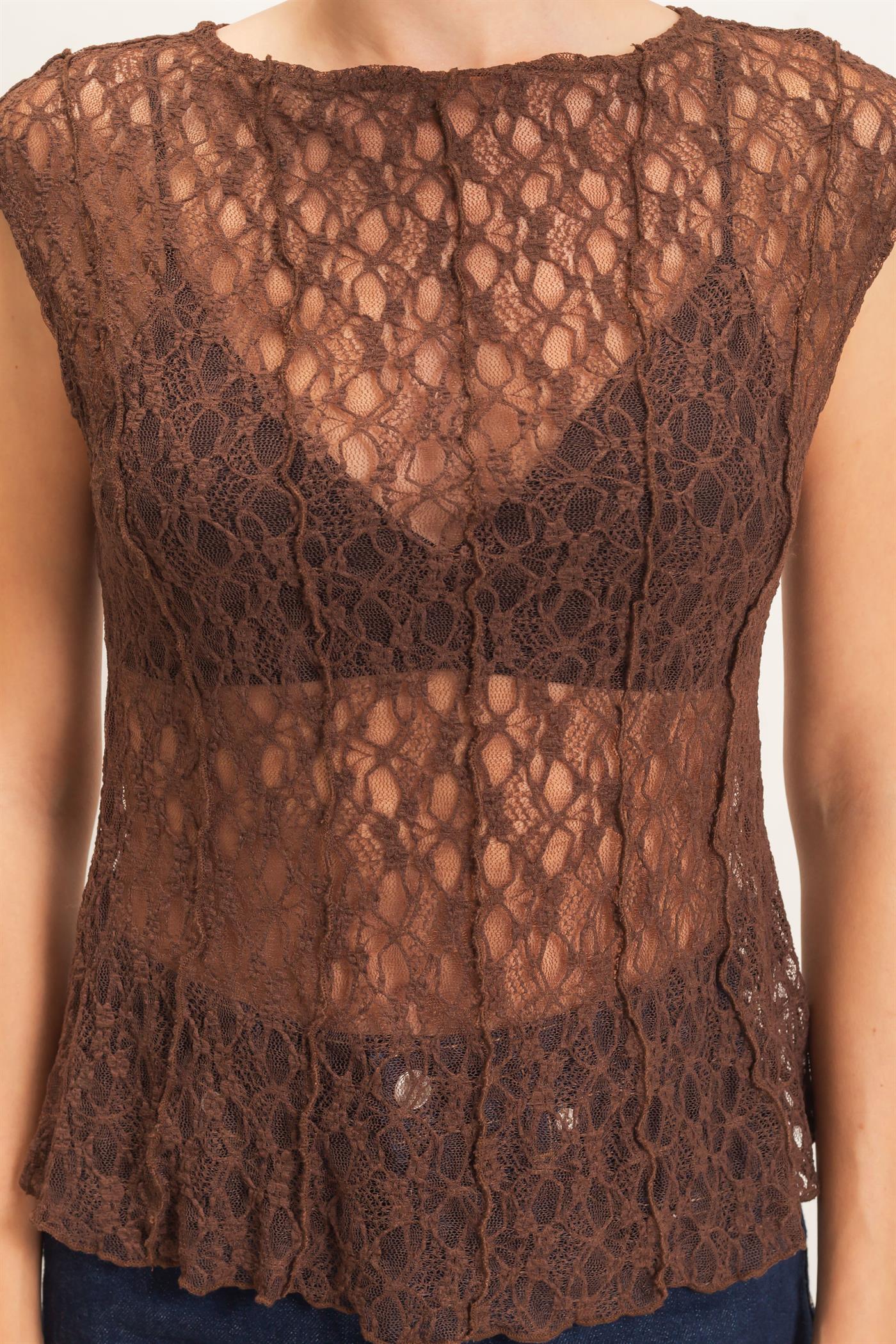 Wholesale Lace Cap Sleeve Top Clothing Tops HF26E672 CHOCOLATE HYFVE
