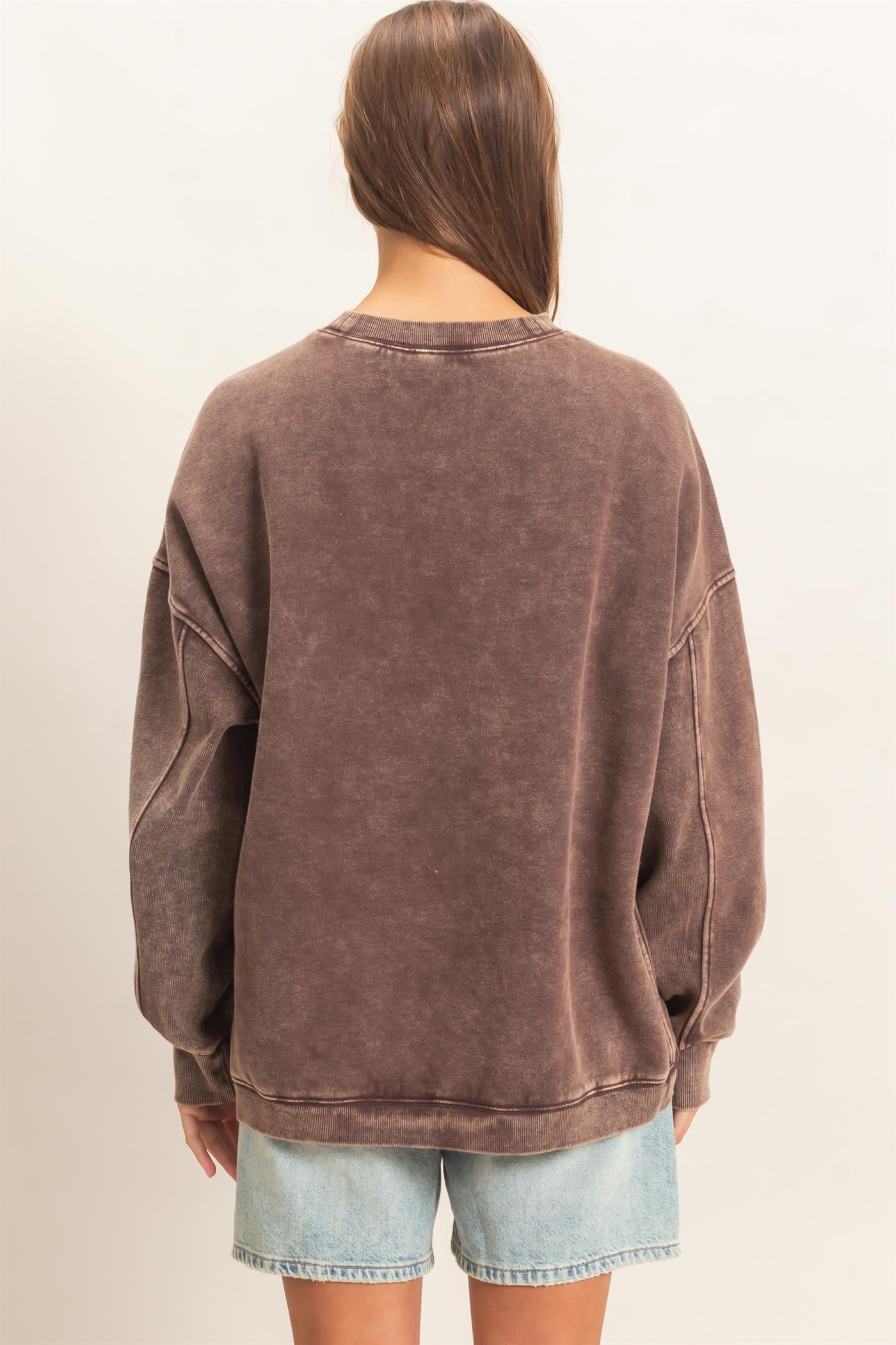 Wholesale Acid Wash Crew Neck Long Sleeve Sweatshirt Sweatshirts DZ26E268 DARK BROWN DOUBLE ZERO