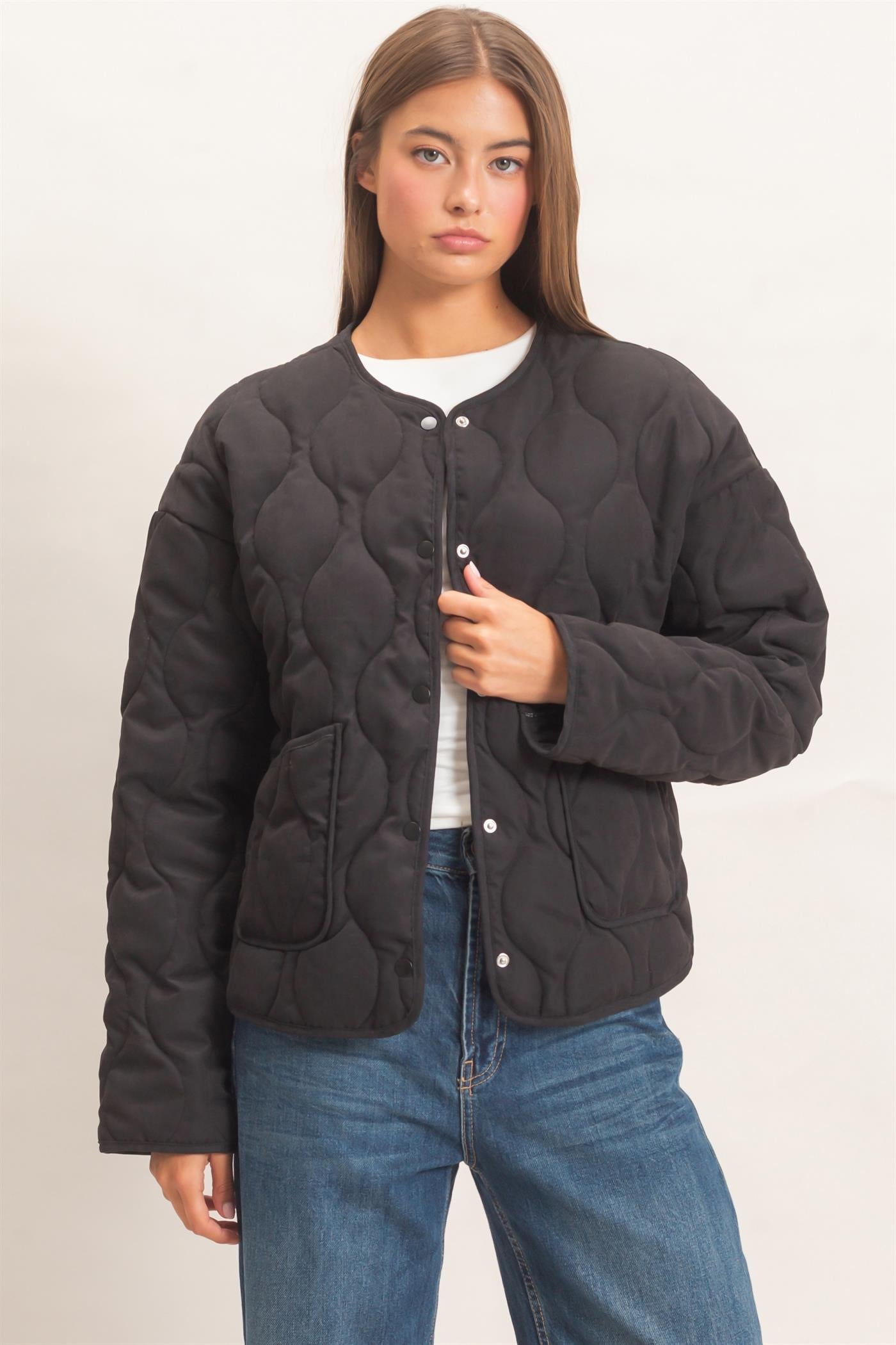 Wholesale Quilted Button Front Jacket Coats & Jackets DZ26F254 BLACK DOUBLE ZERO