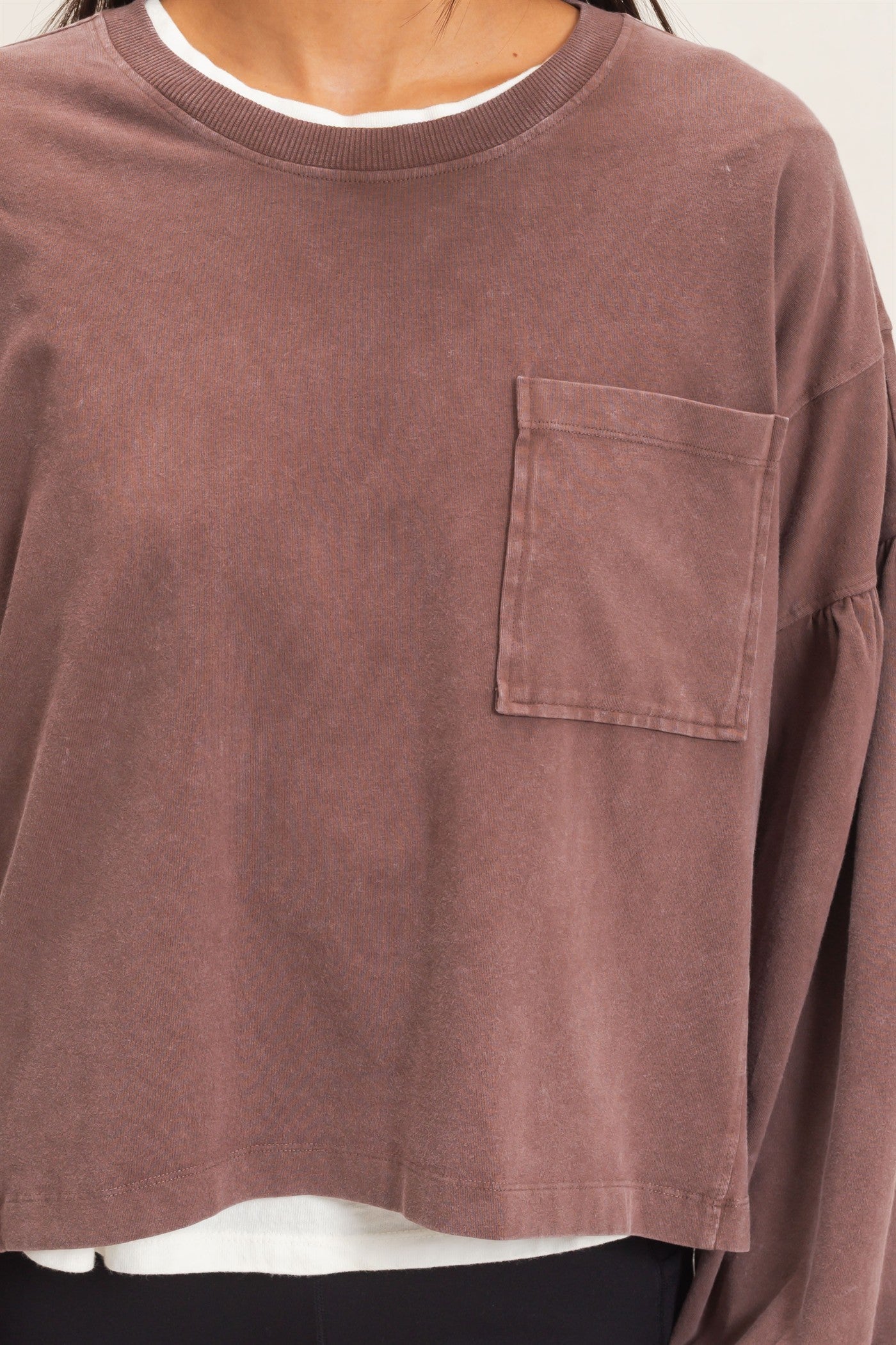 Wholesale Mineral Wash Puff Long Sleeve Boxy Top Clothing Tops DZ26F402 DARK BROWN DOUBLE ZERO