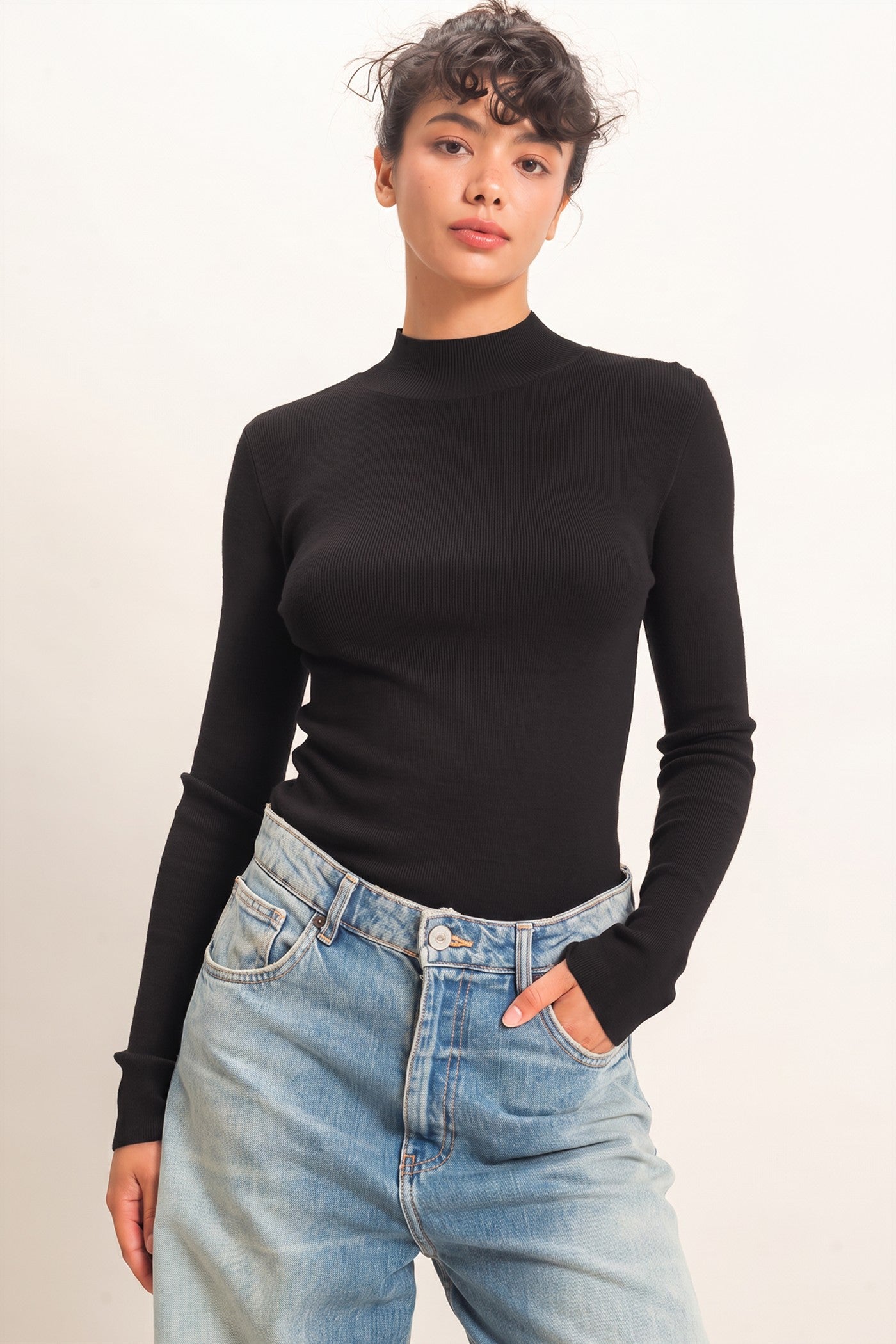 Wholesale Ribbed Mock Neck Long Sleeve Knit Top Clothing Tops DZ26F201 BLACK DOUBLE ZERO